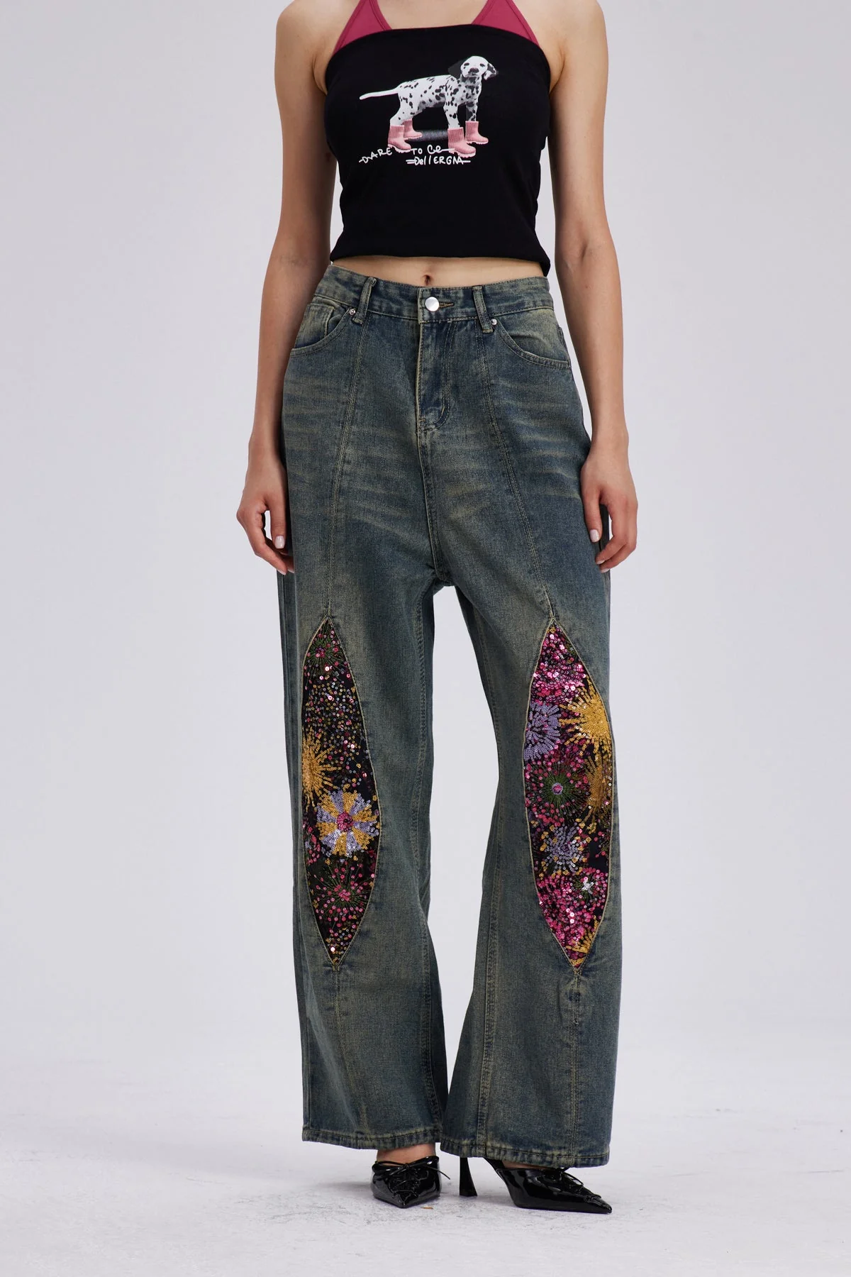 Bleached Embroidered Straight Denim Jeans