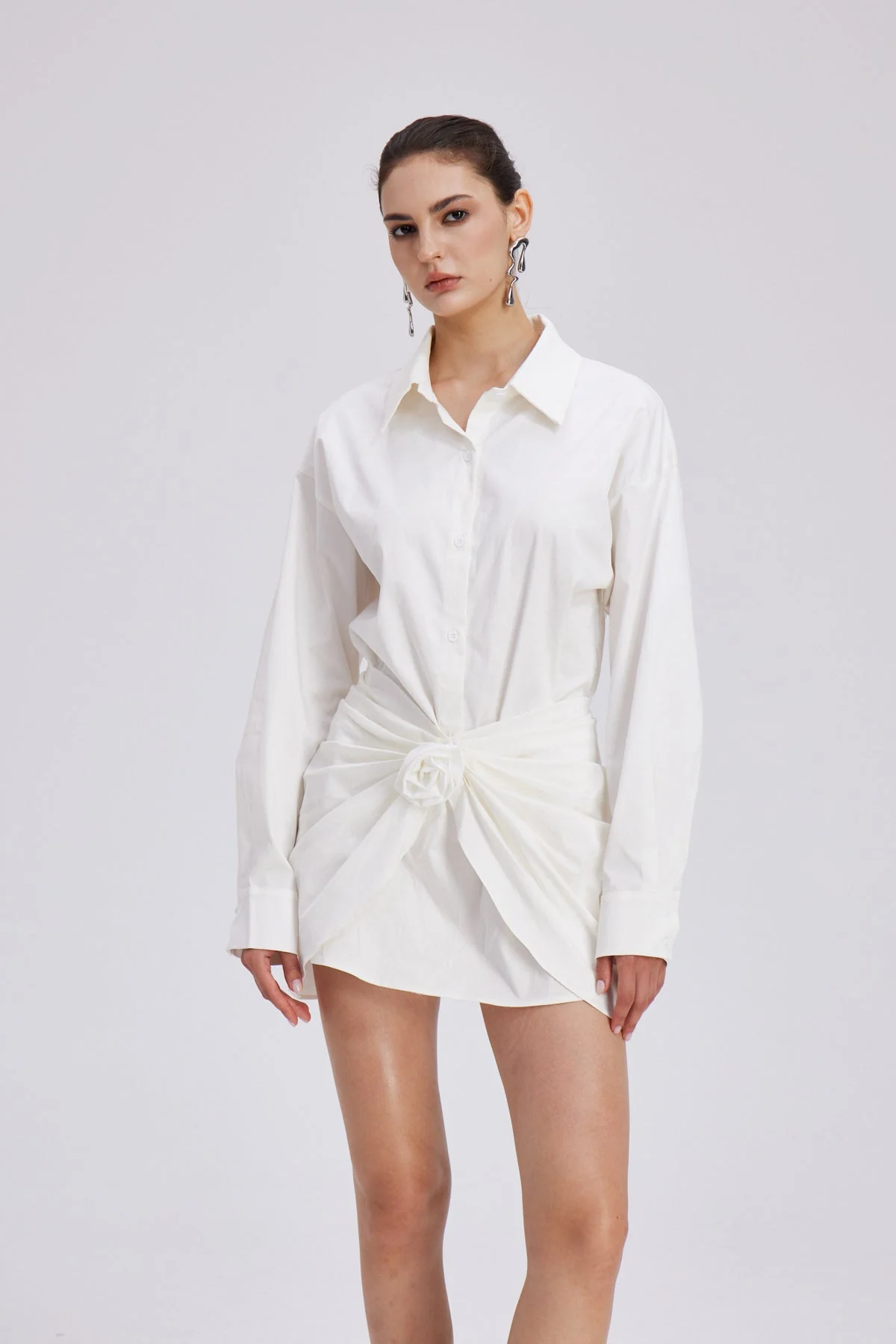 Floral Mini Shirt Dress - White Cotton Ruched Style