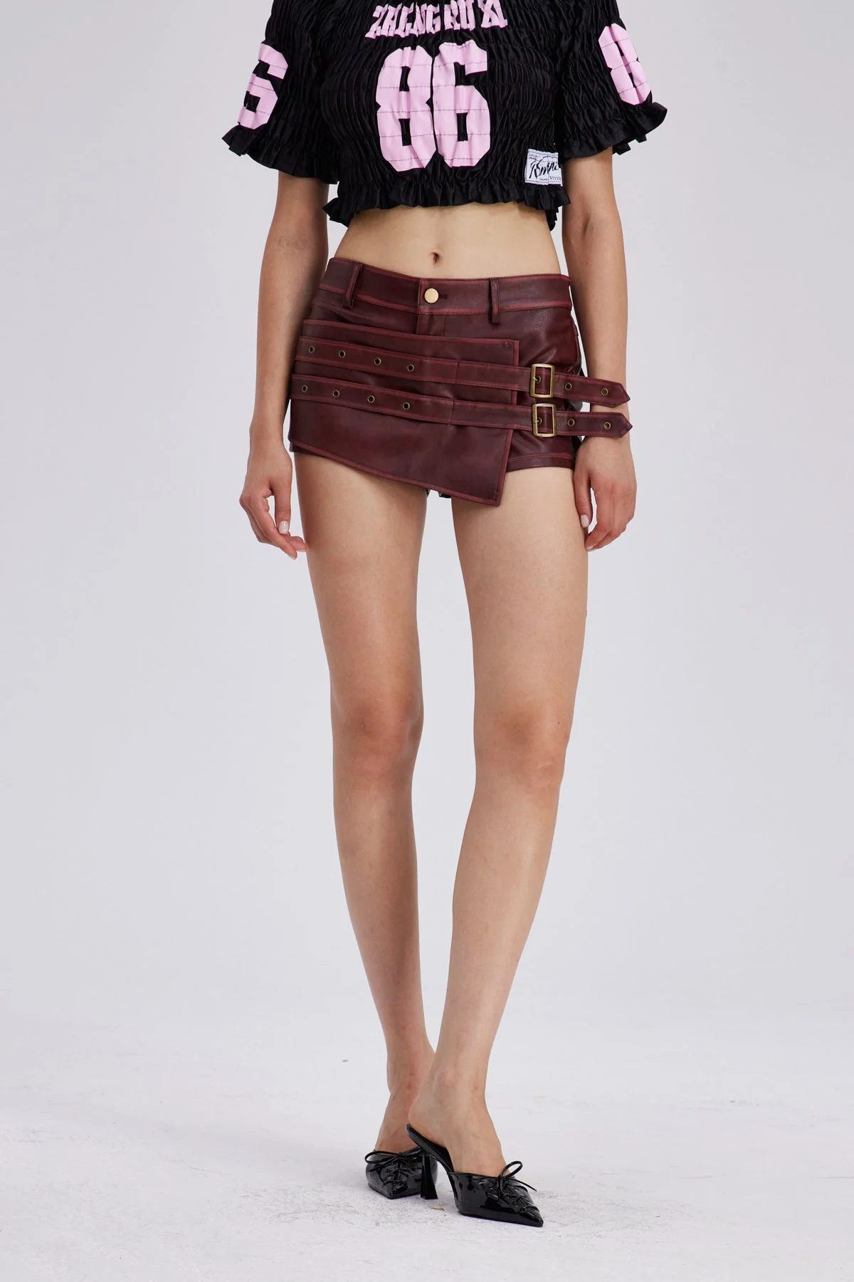 Red Leather Asymmetric Skirt with Buckle Detail
