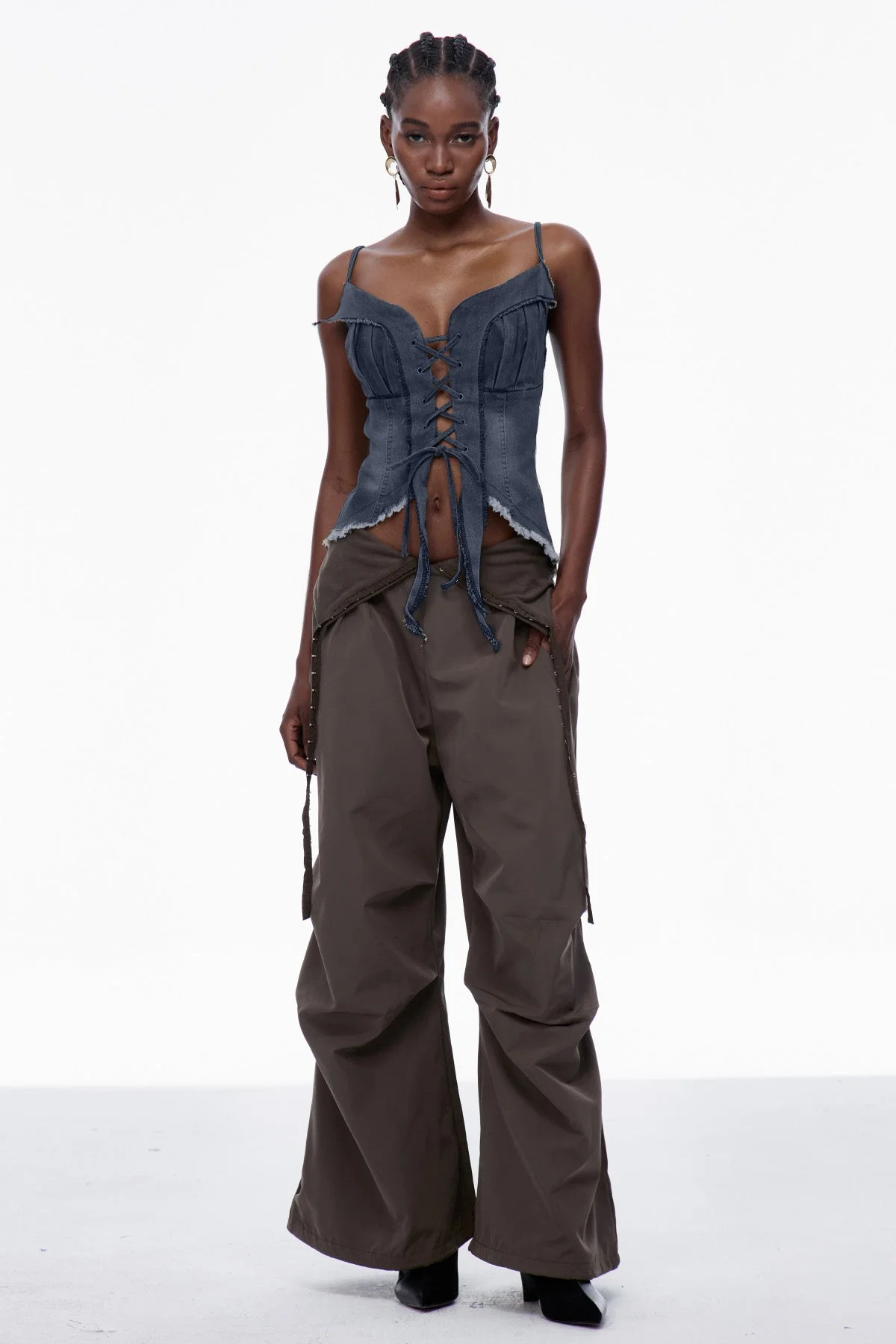 Deep Blue Fringe Denim Top with Lace-Up Detail