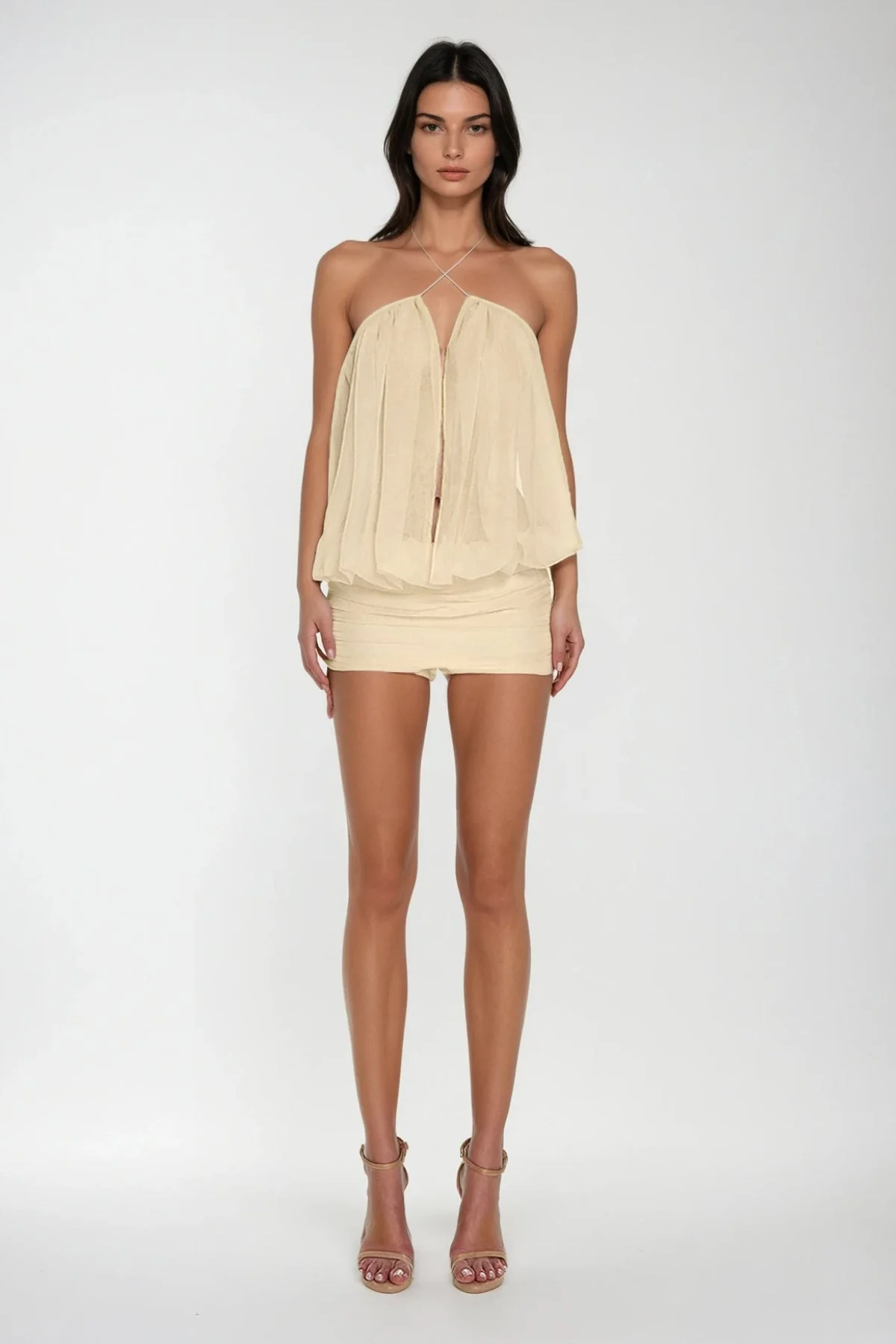 Apricot Mesh Ruch Plunge Mini Dress - Elegant & Versatile