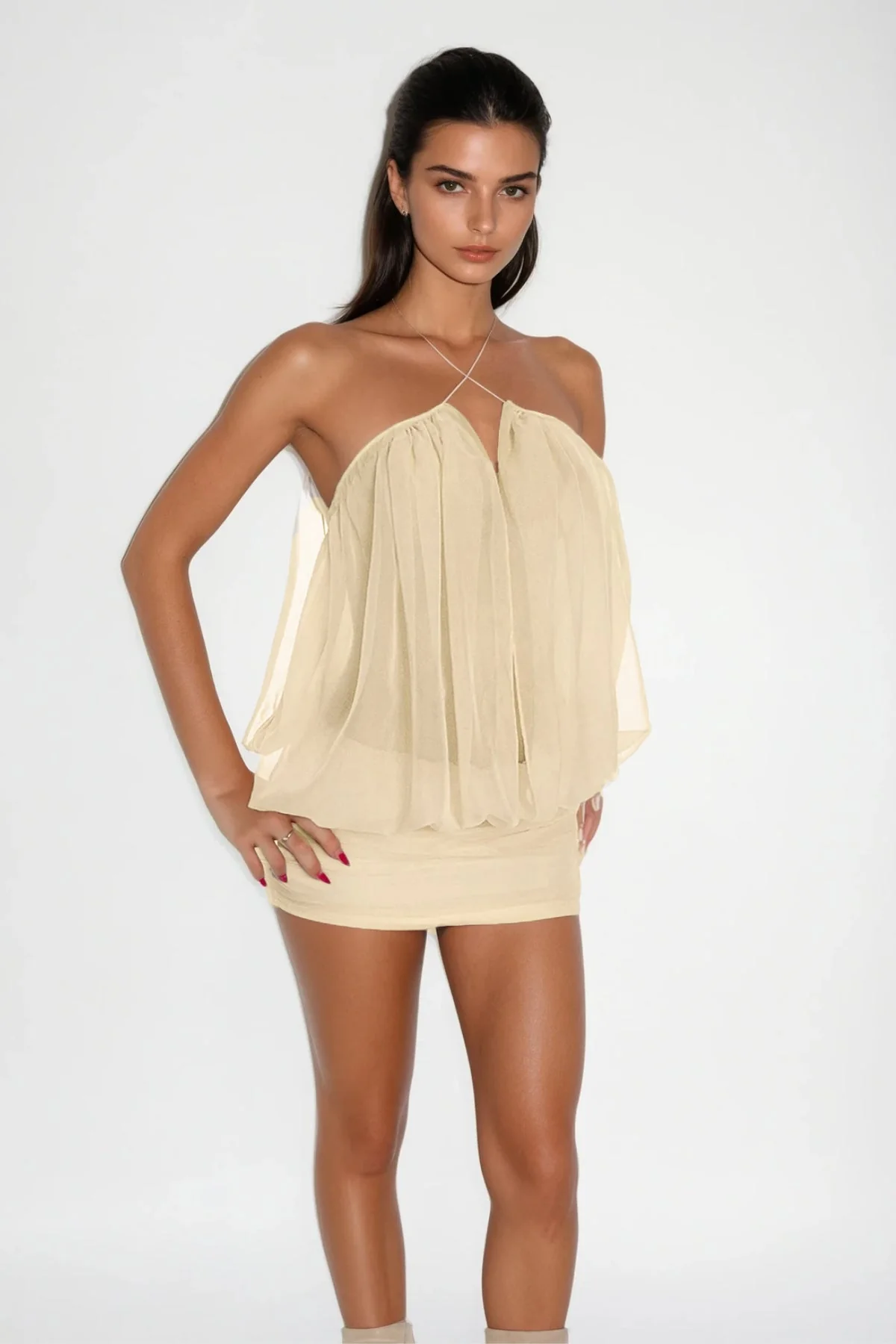Apricot Mesh Ruch Plunge Mini Dress - Elegant & Versatile