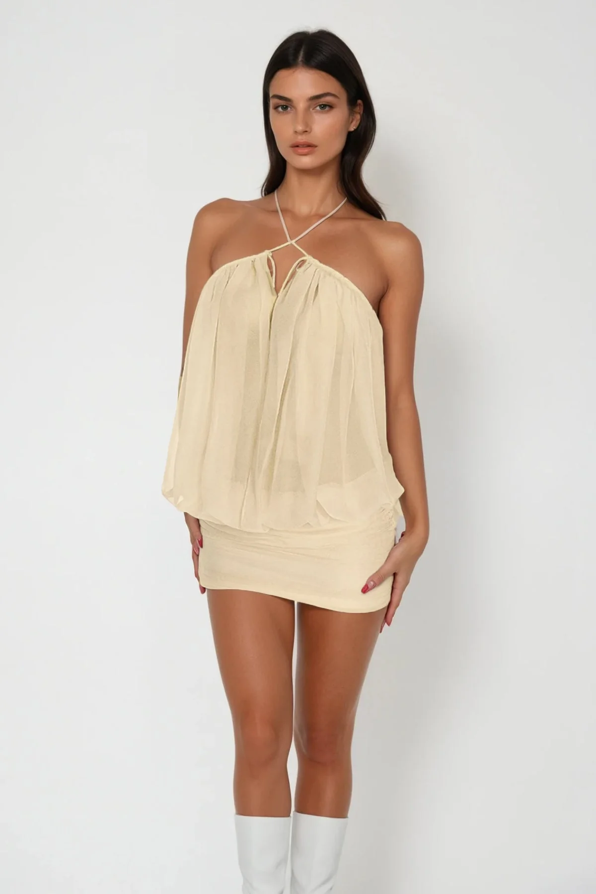Apricot Mesh Ruch Plunge Mini Dress - Elegant & Versatile