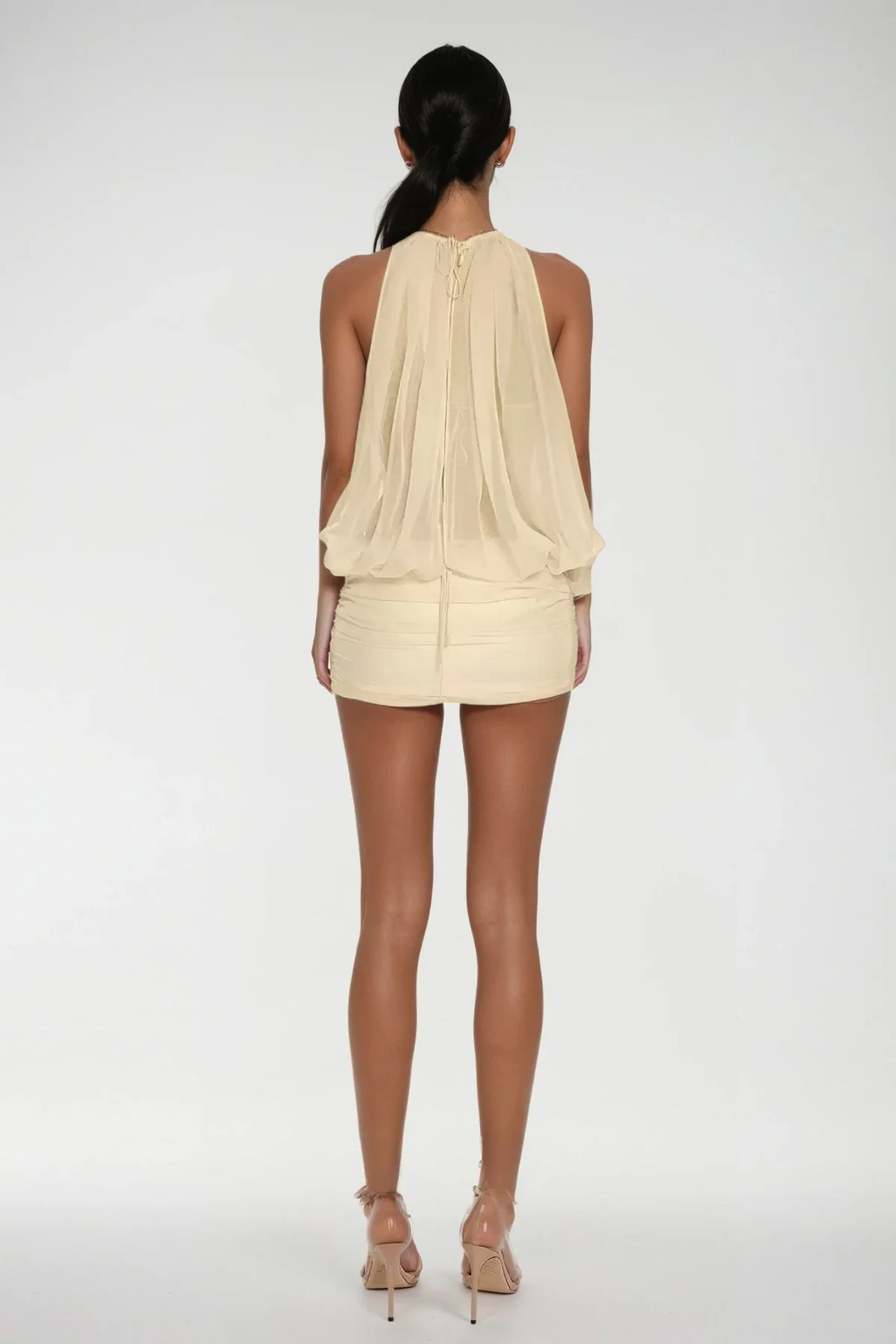 Apricot Mesh Ruch Plunge Mini Dress - Elegant & Versatile