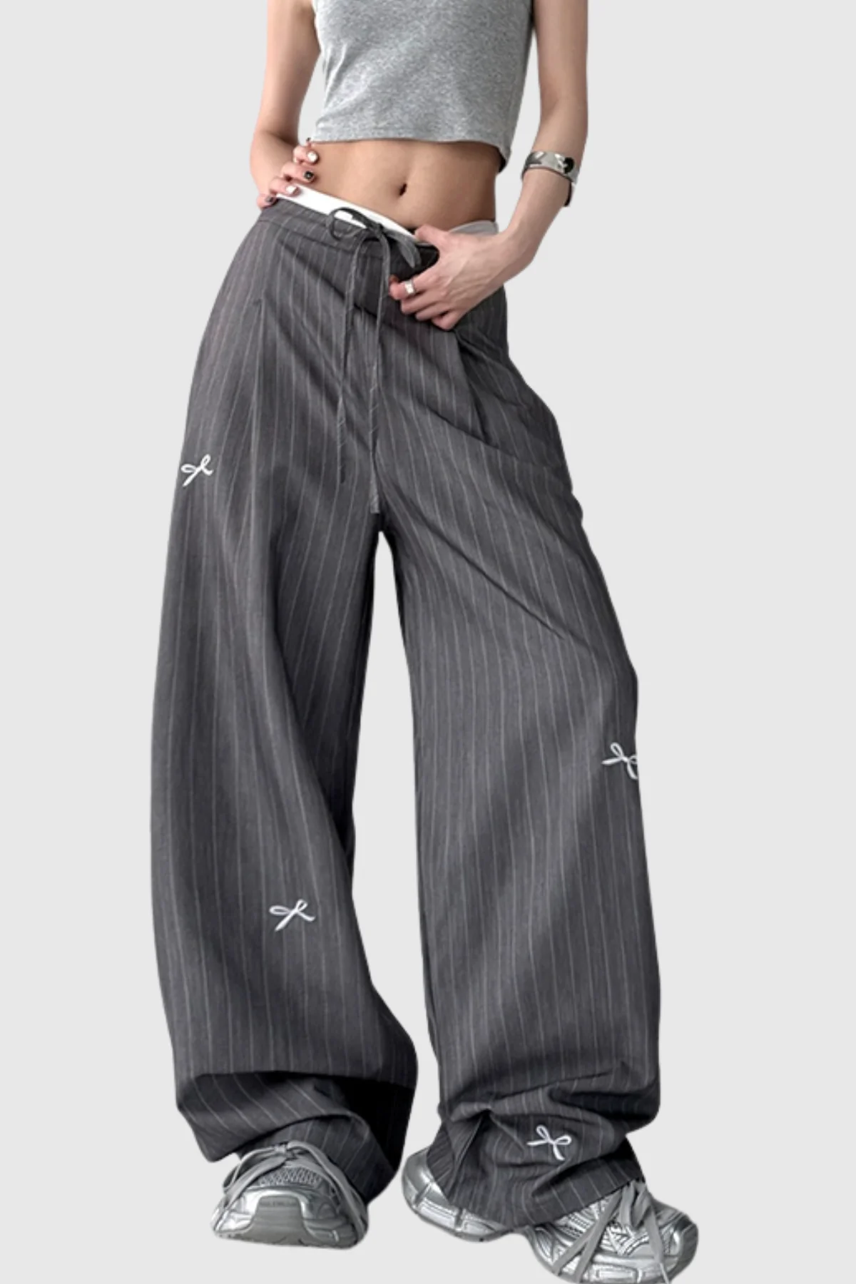 Elegant Bow Detail Striped Pants - Womens Chic Gray Trousers
