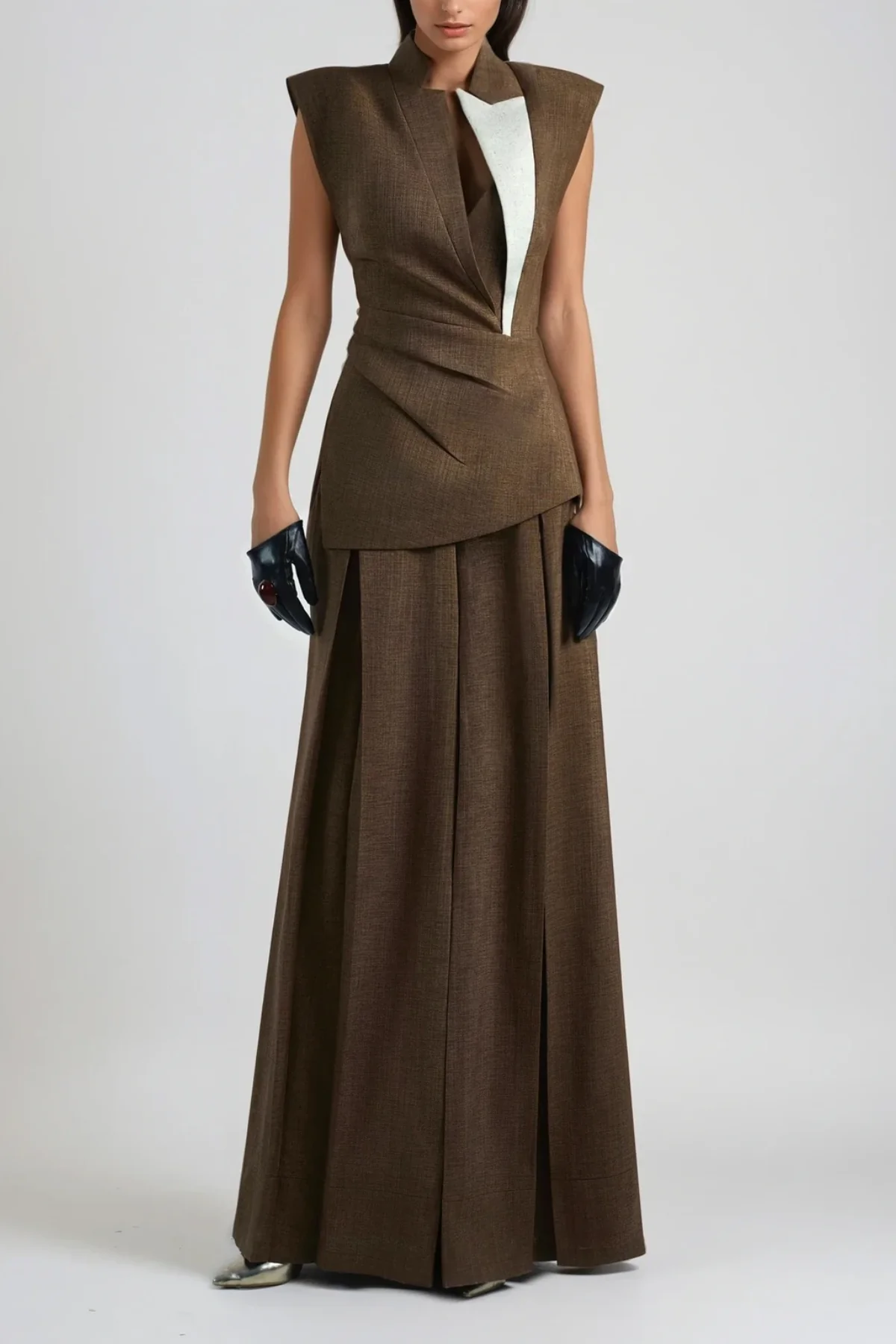 Brown Asymmetric Ruch Sleeveless Jacket