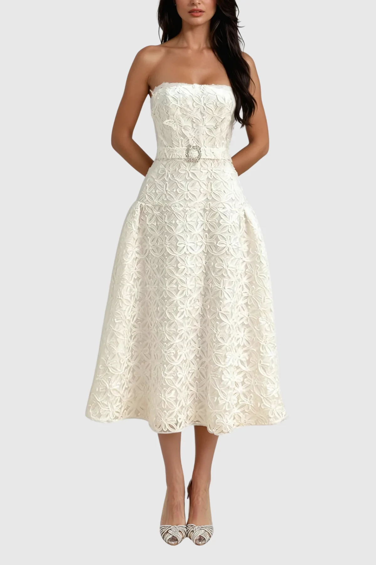 White Floral Lace Strapless Midi Dress - Elegant Formal Attire