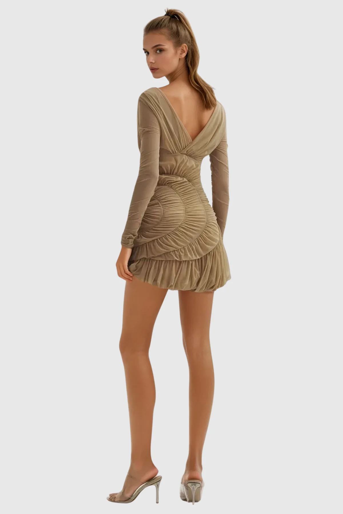 Brown Ruched Long Sleeve Mini Dress