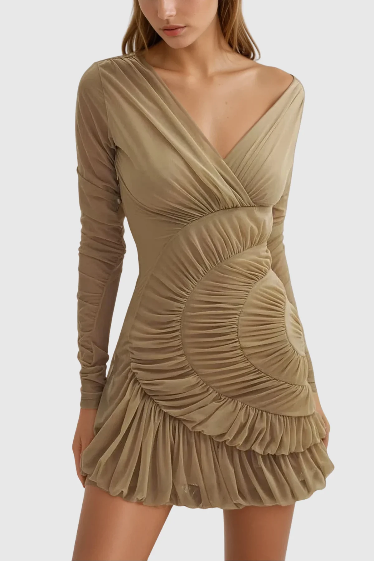 Brown Ruched Long Sleeve Mini Dress