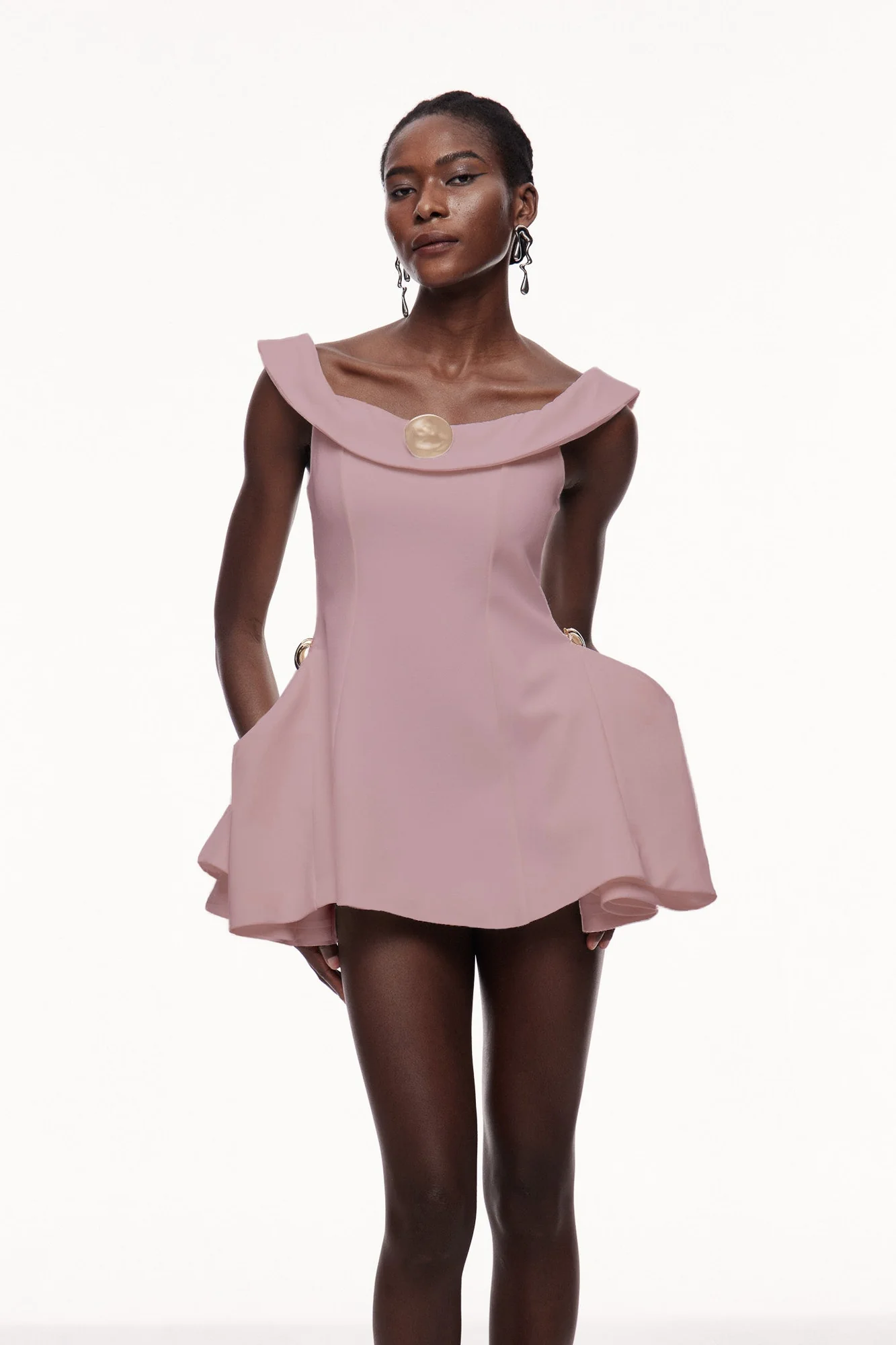 Pink Ruffle Off Shoulder Mini Dress
