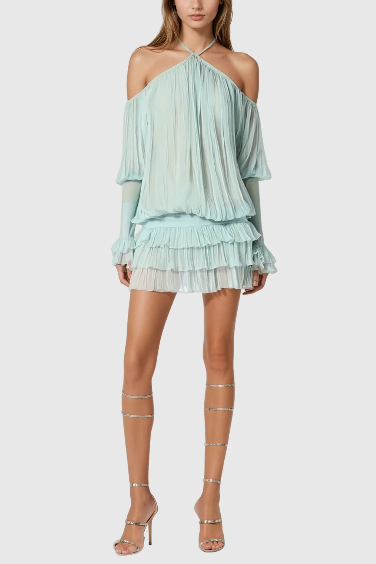 Green Halter Neck Mini Dress with Ruched Detailing