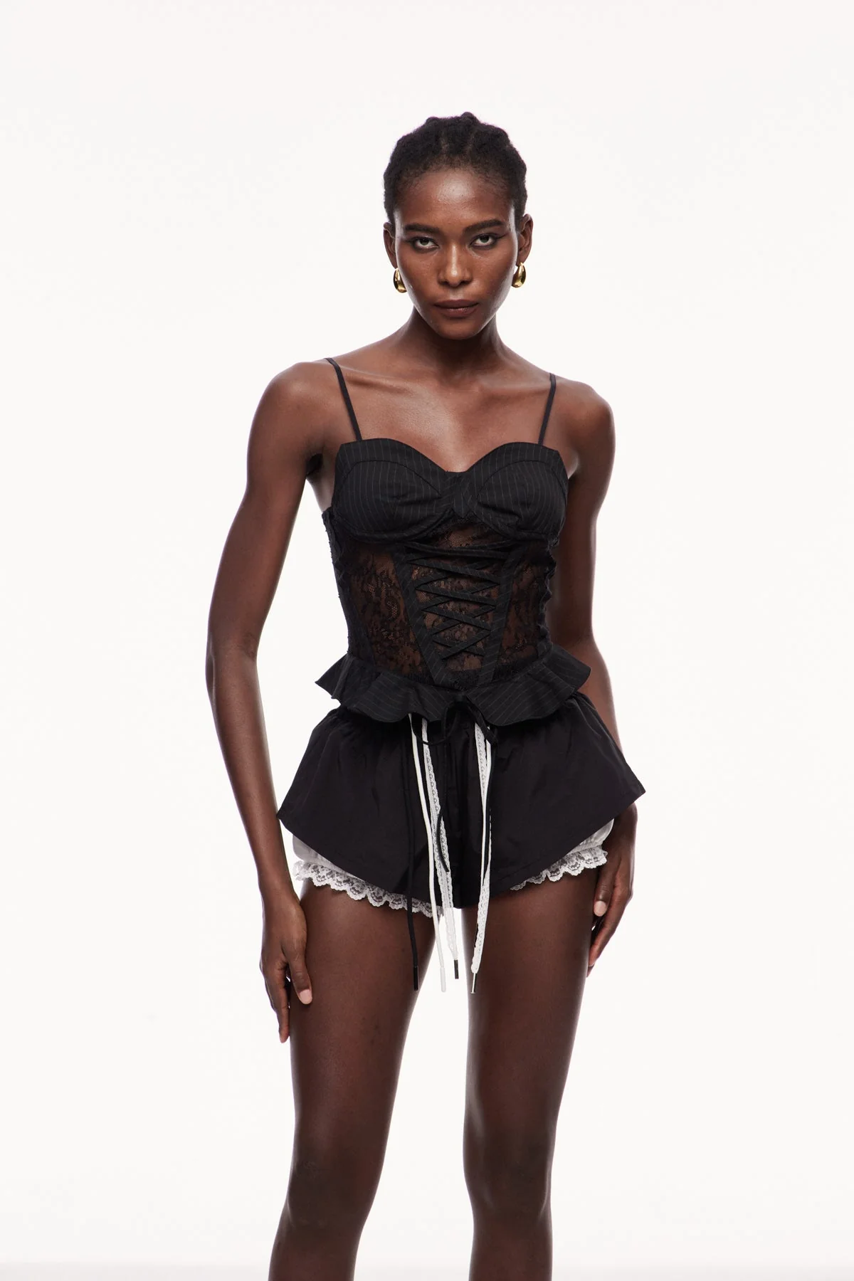 Black Lace Ruffle Spaghetti Corset Top for Women