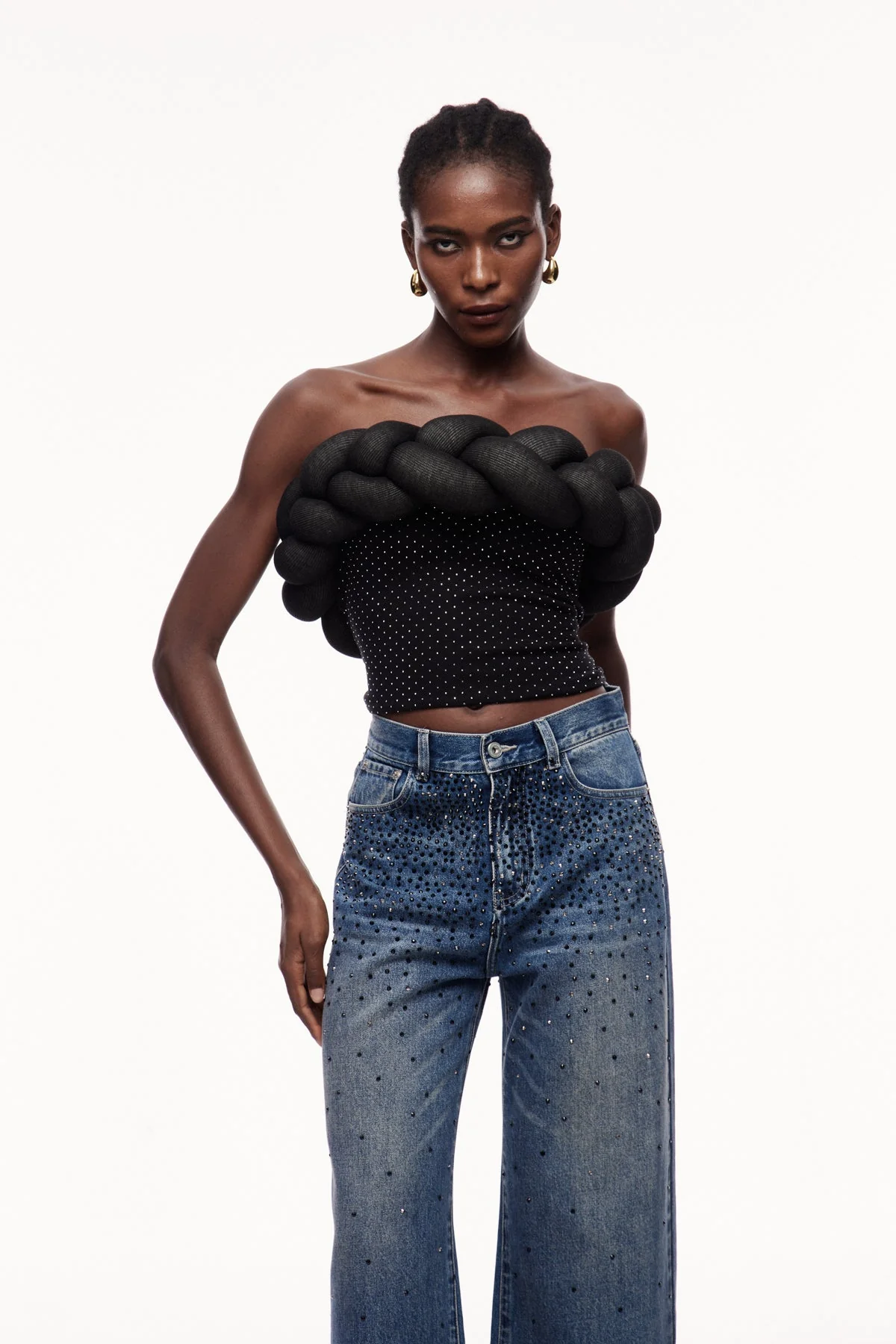 Elegant Dot Print Strapless Top in Black | Yachna Style