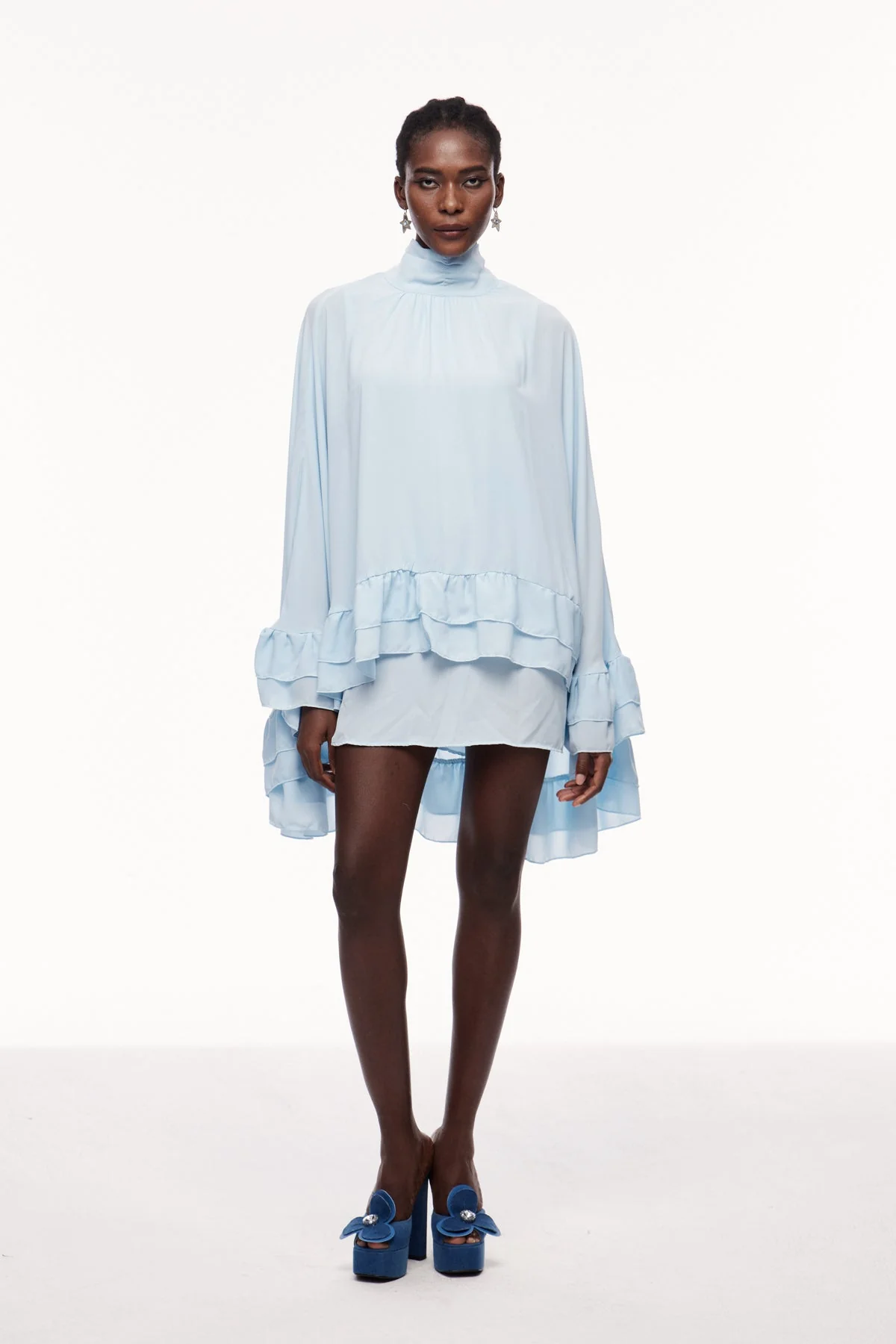 Elegant Ruffle Shawl Mini Dress - Flattering Silhouette