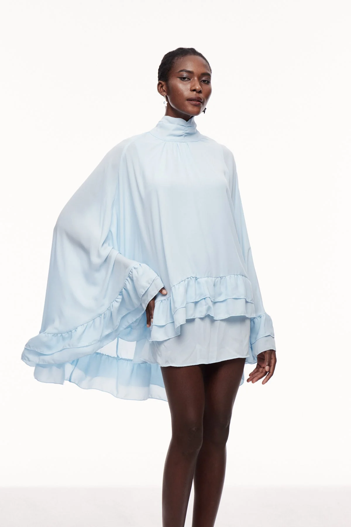 Elegant Ruffle Shawl Mini Dress - Flattering Silhouette