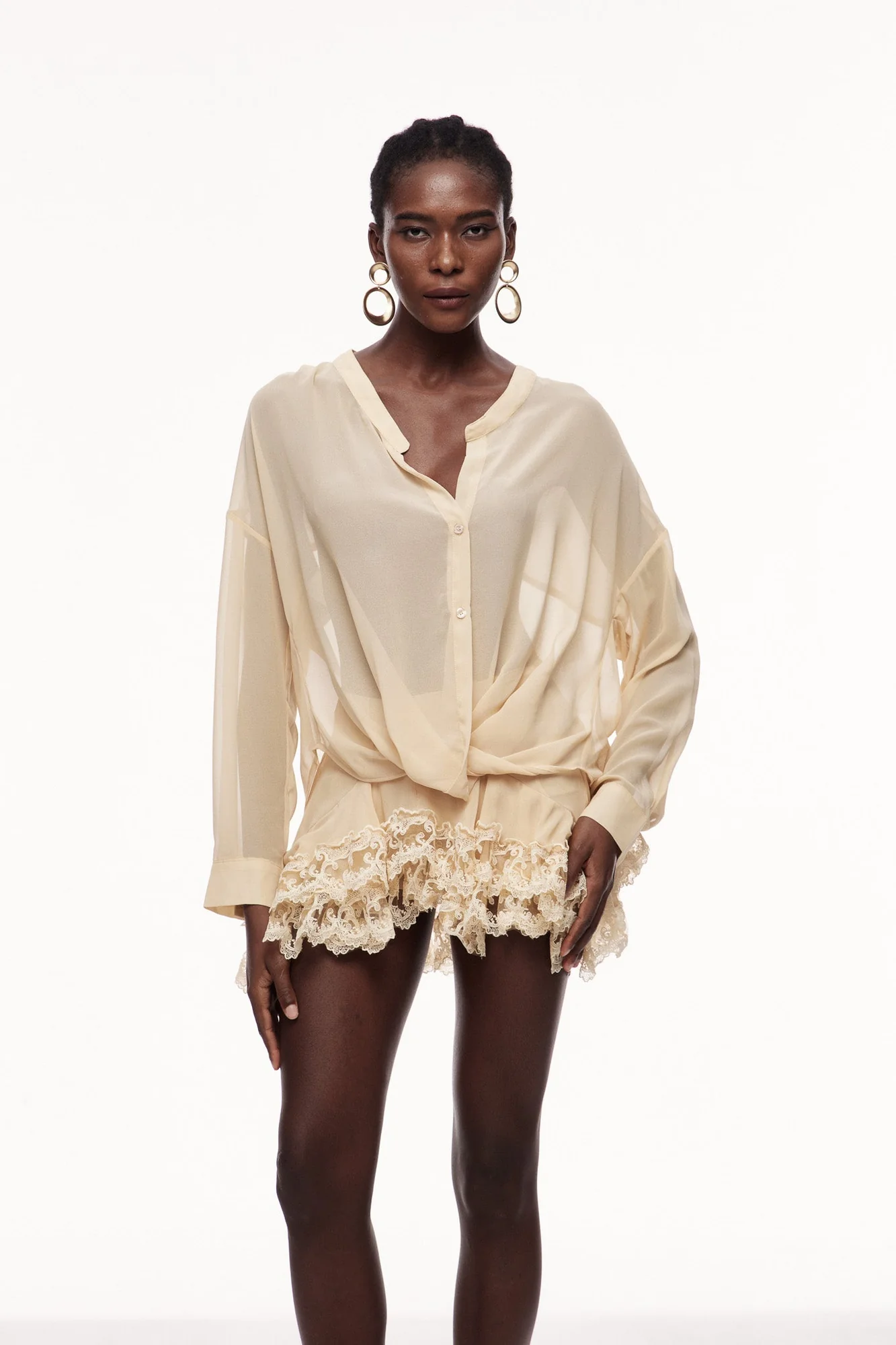 Elegant Apricot Lace Skirt and Cowl Neck Set