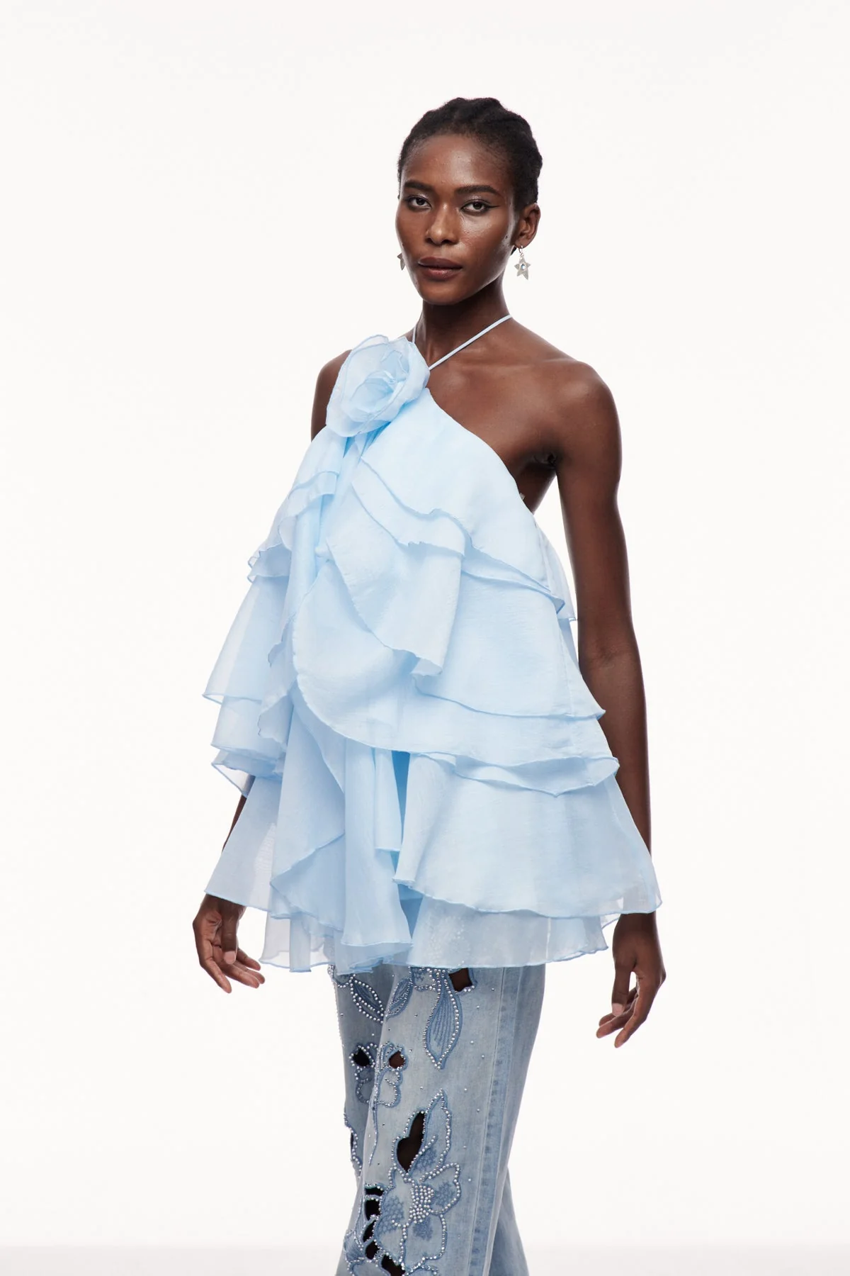 Blue Floral Ruffle Mini Dress - Elegant & Playful Style