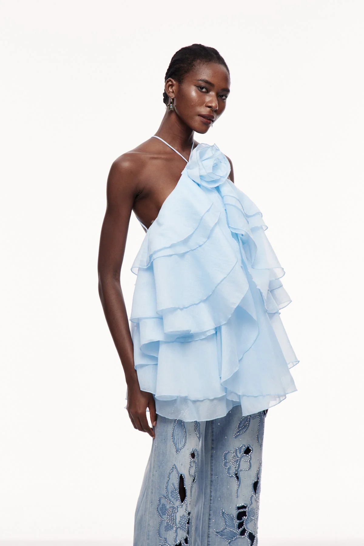 Blue Floral Ruffle Mini Dress - Elegant & Playful Style