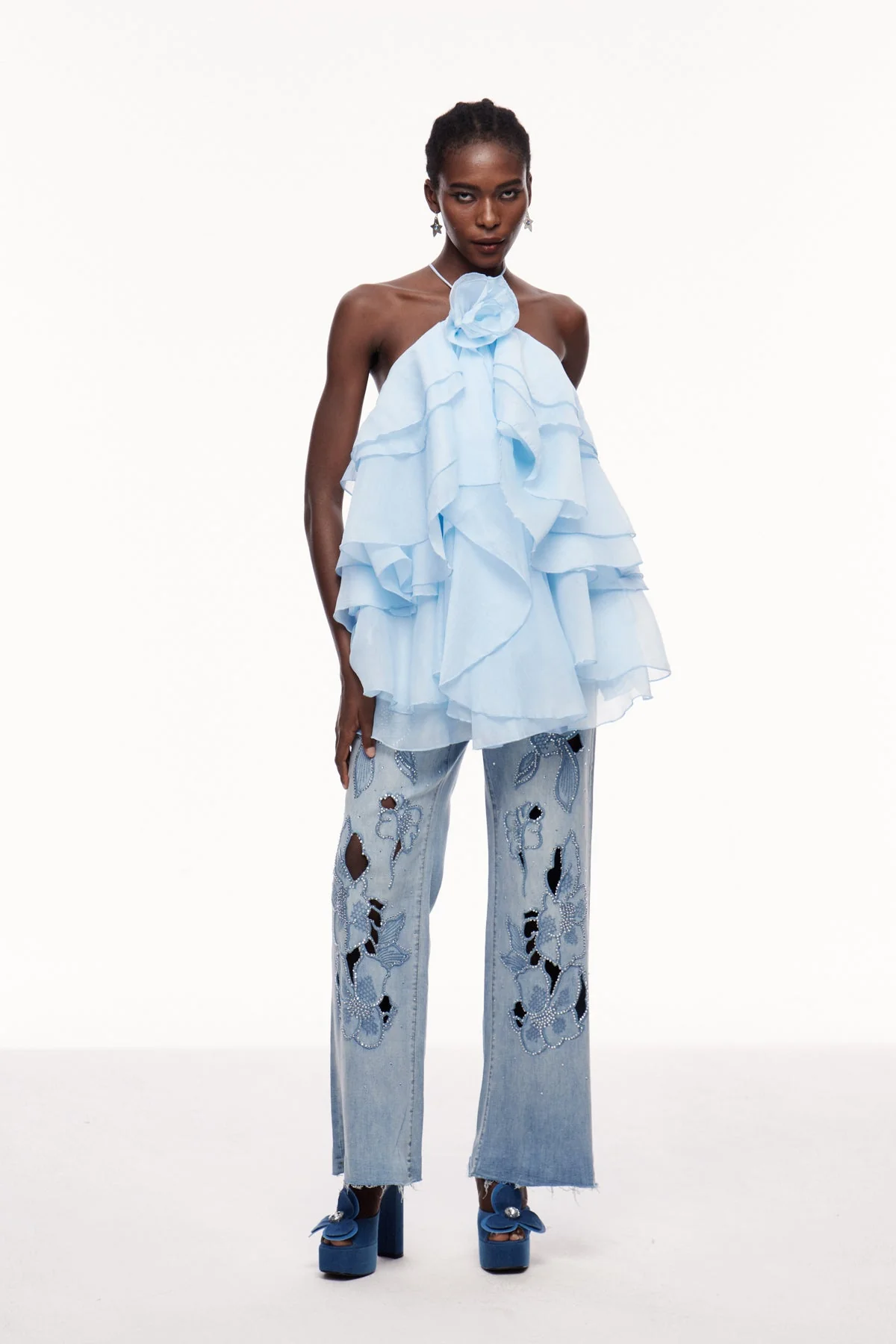 Blue Floral Ruffle Mini Dress - Elegant & Playful Style