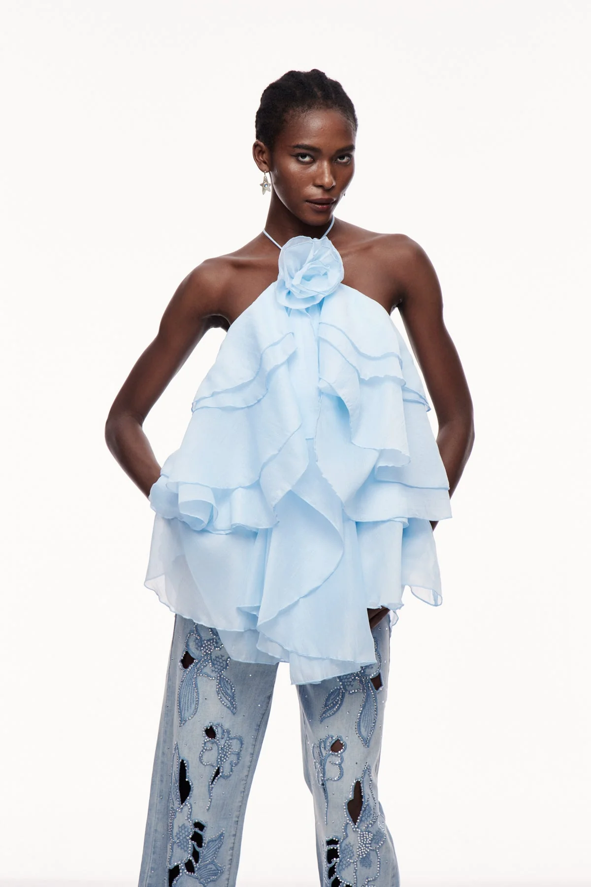 Blue Floral Ruffle Mini Dress - Elegant & Playful Style