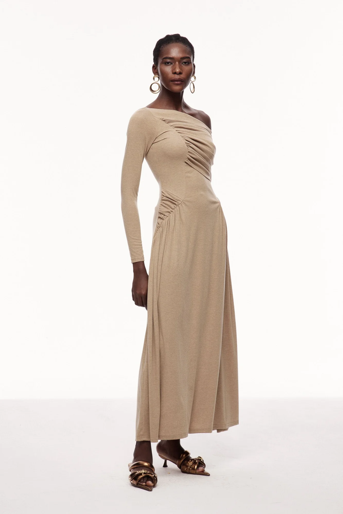 Khaki Ruched Asymmetric Maxi Dress