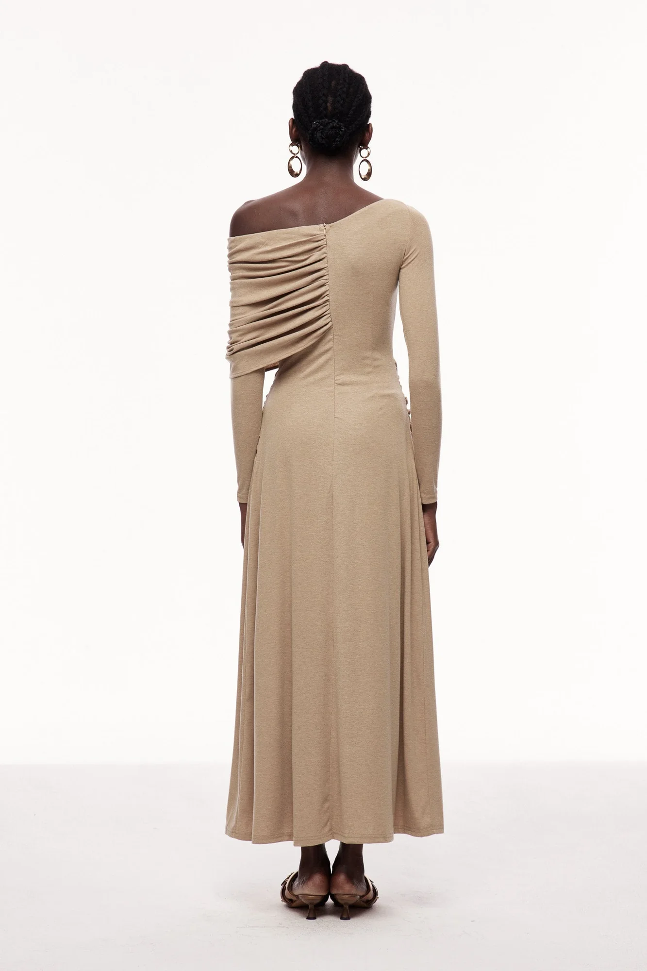 Khaki Ruched Asymmetric Maxi Dress