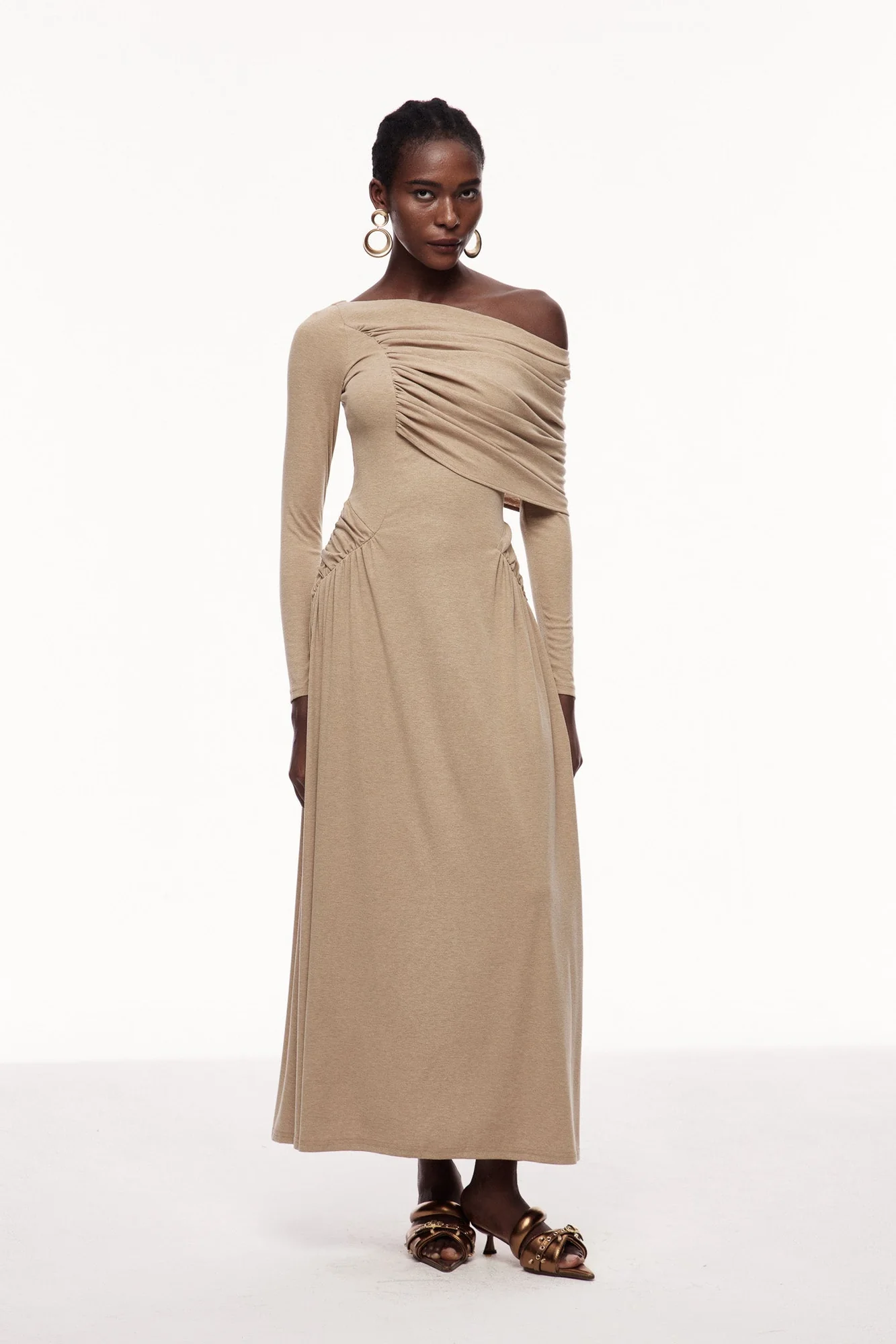 Khaki Ruched Asymmetric Maxi Dress