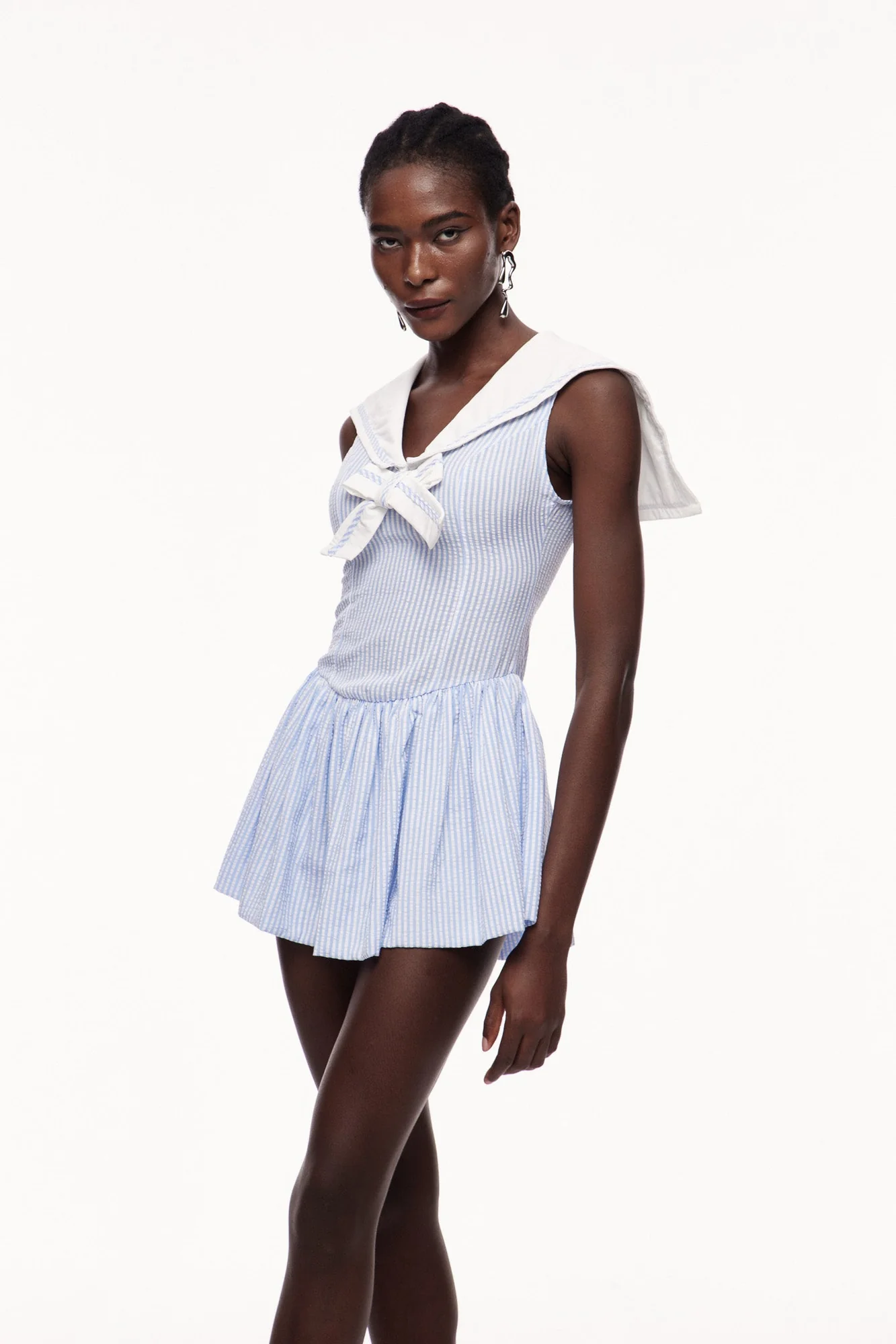 Blue Stripe Bow Mini Dress for Women