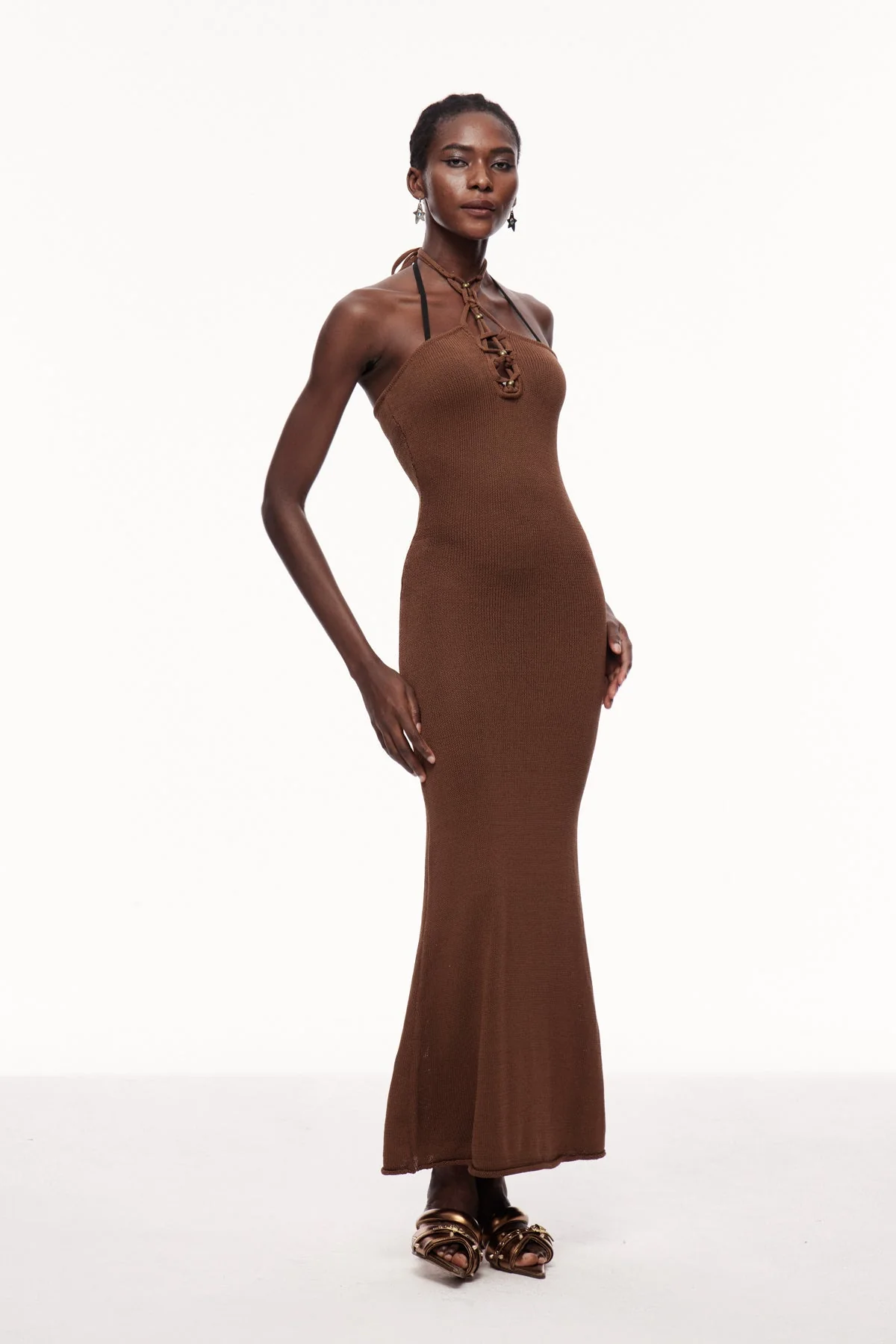Brown Halter Neck Knit Maxi Dress - Chic Essential