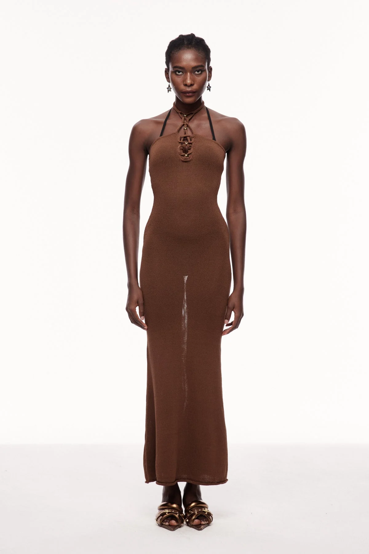 Brown Halter Neck Knit Maxi Dress - Chic Essential