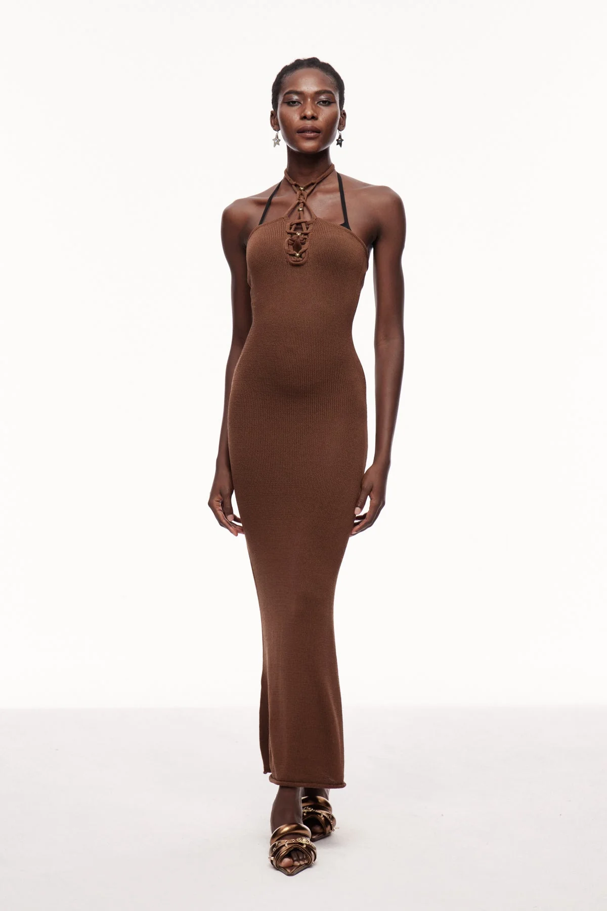 Brown Halter Neck Knit Maxi Dress - Chic Essential