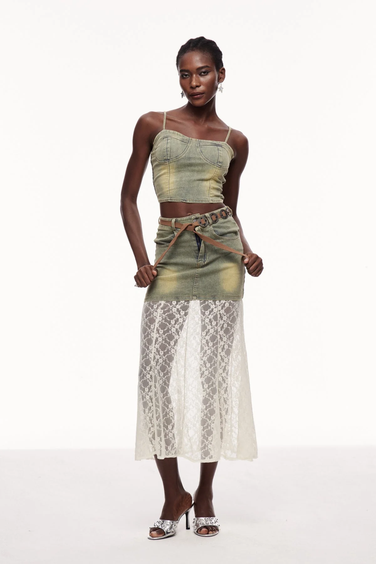 Boho Lace Denim Skirt Set in Green | Spaghetti Straps