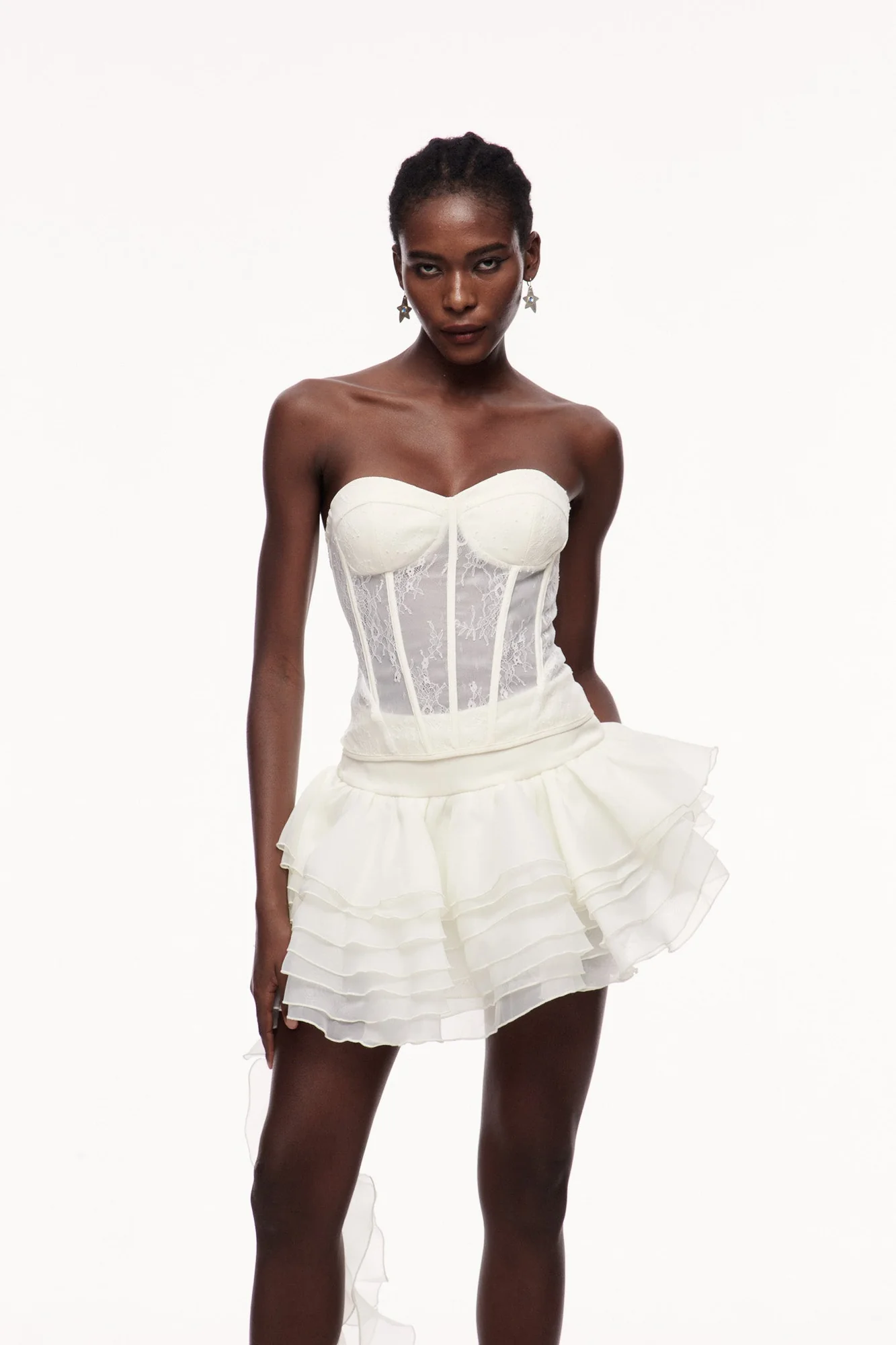 White Lace Corset Asymmetric Fringe Skirt Set