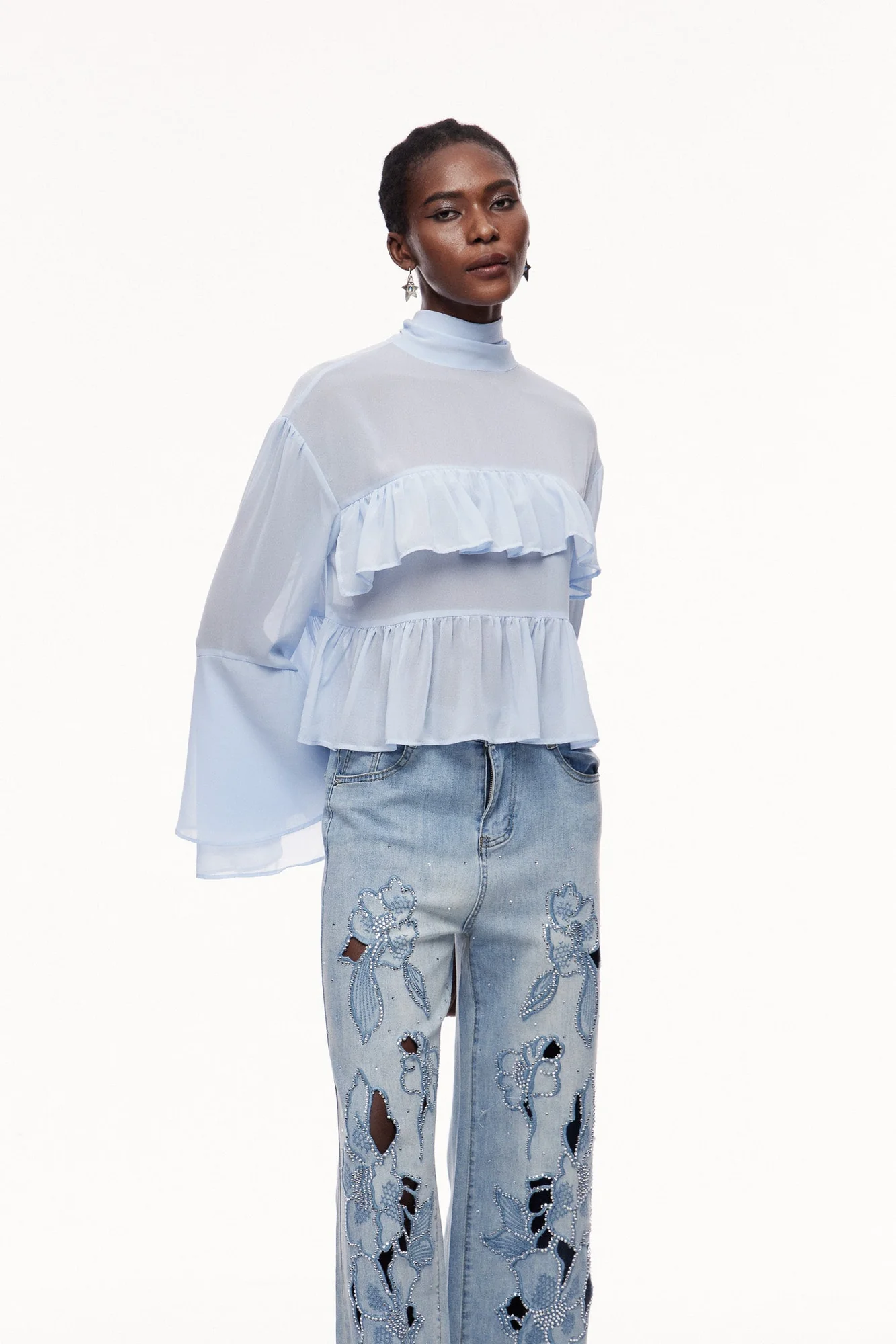 Sophisticated Blue Ruffle Top with Long Sleeves