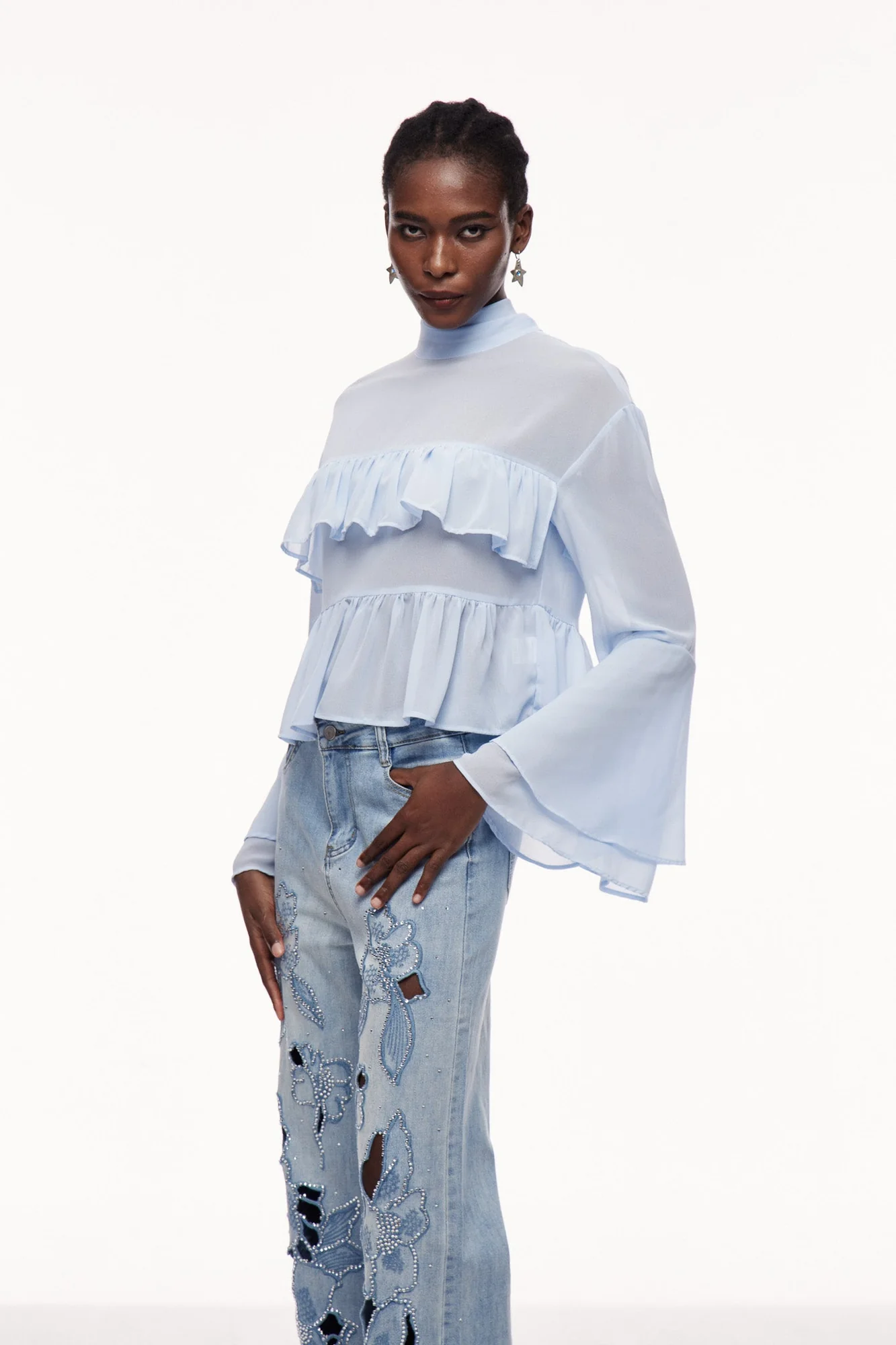 Sophisticated Blue Ruffle Top with Long Sleeves