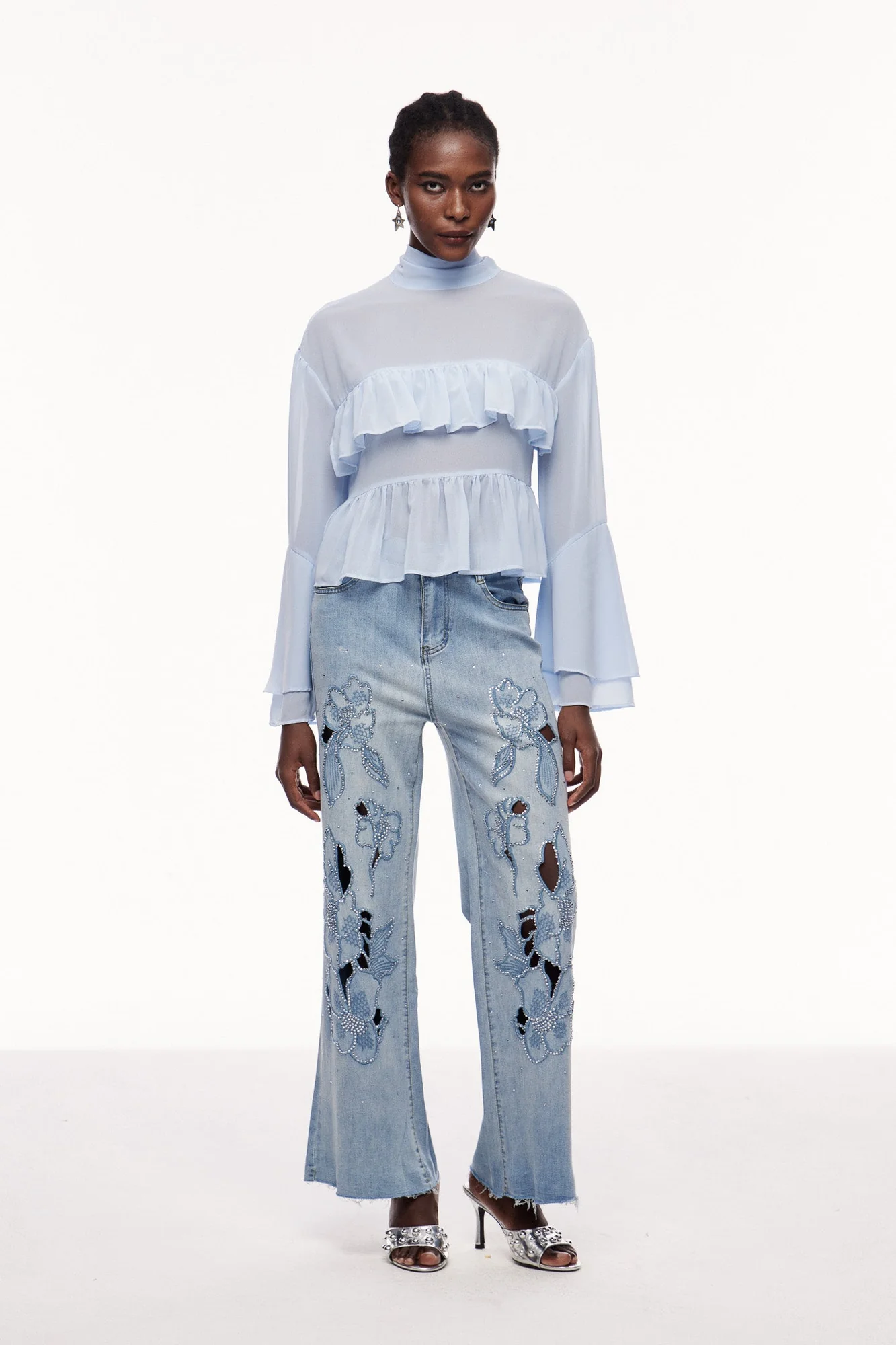 Sophisticated Blue Ruffle Top with Long Sleeves