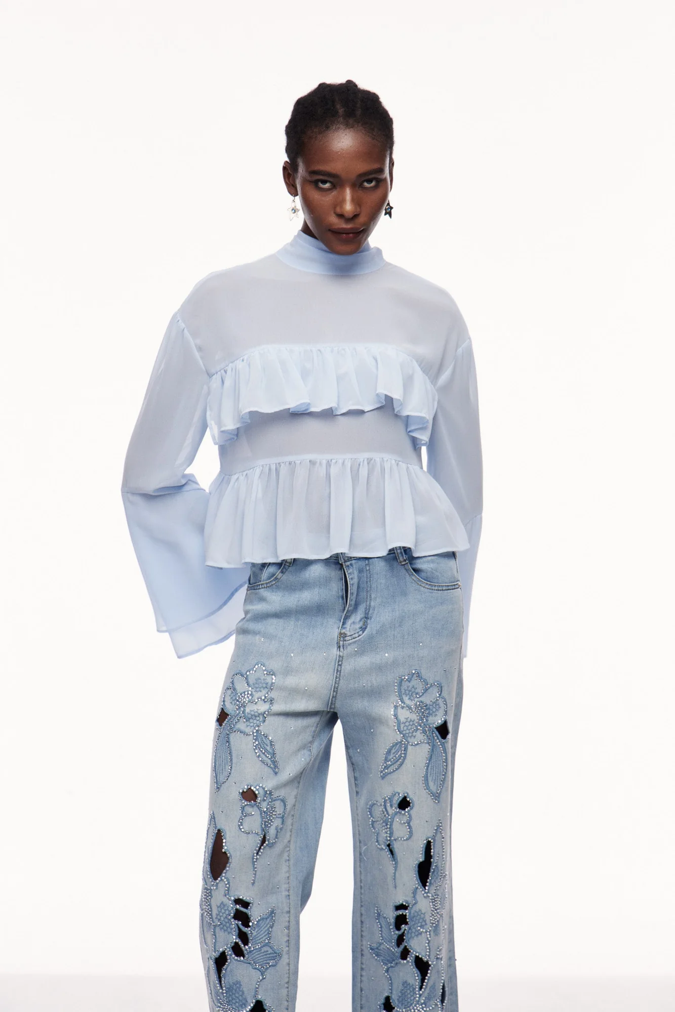 Sophisticated Blue Ruffle Top with Long Sleeves