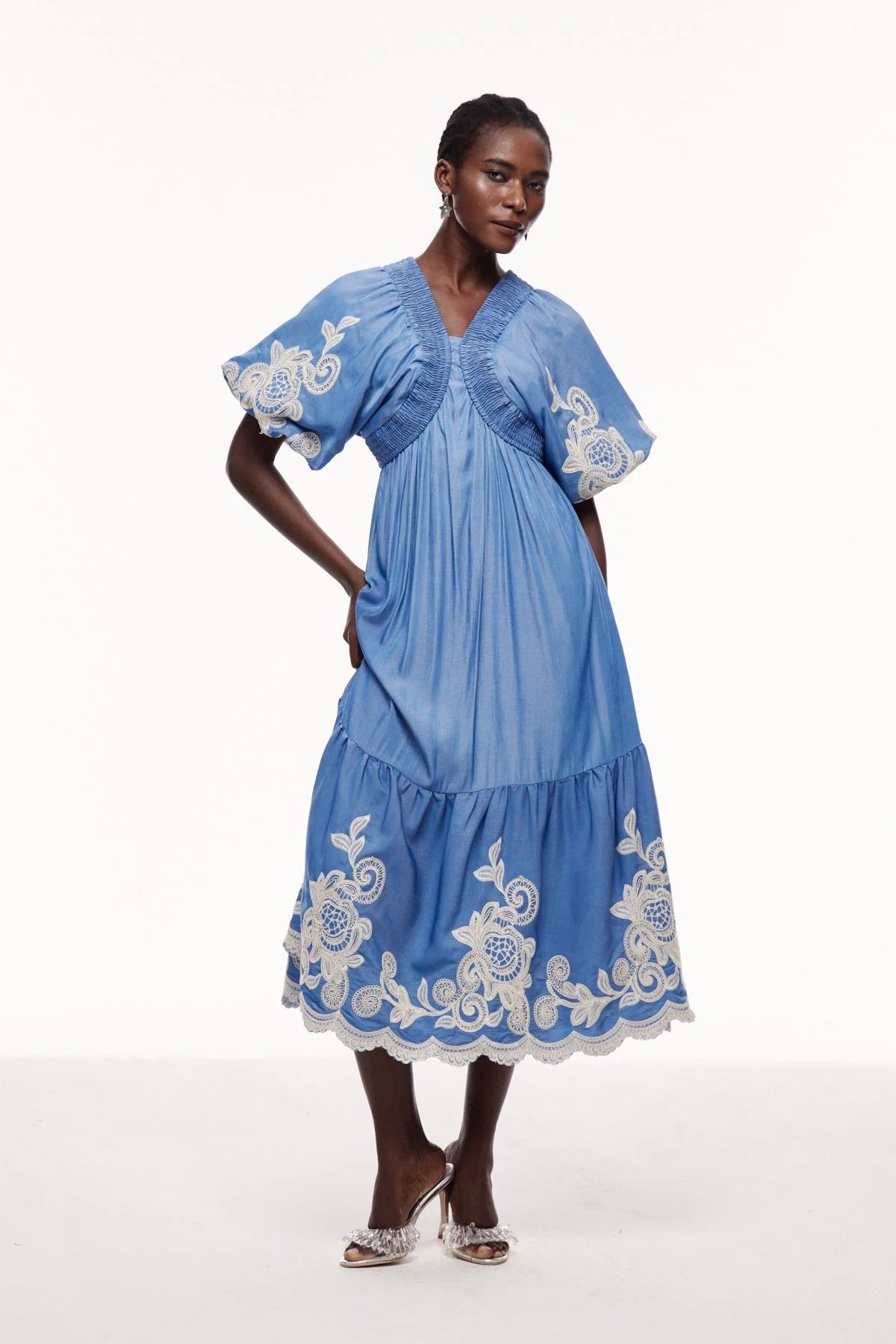 Blue Embroidered Plunge Maxi Dress