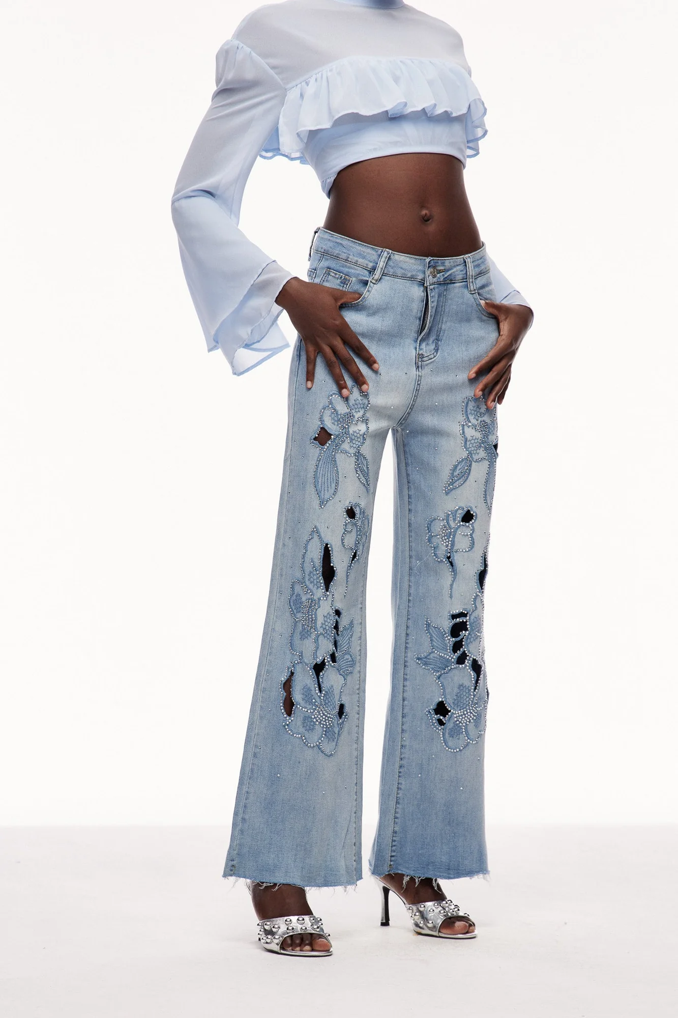 Embroidered Rhinestone Denim Jeans