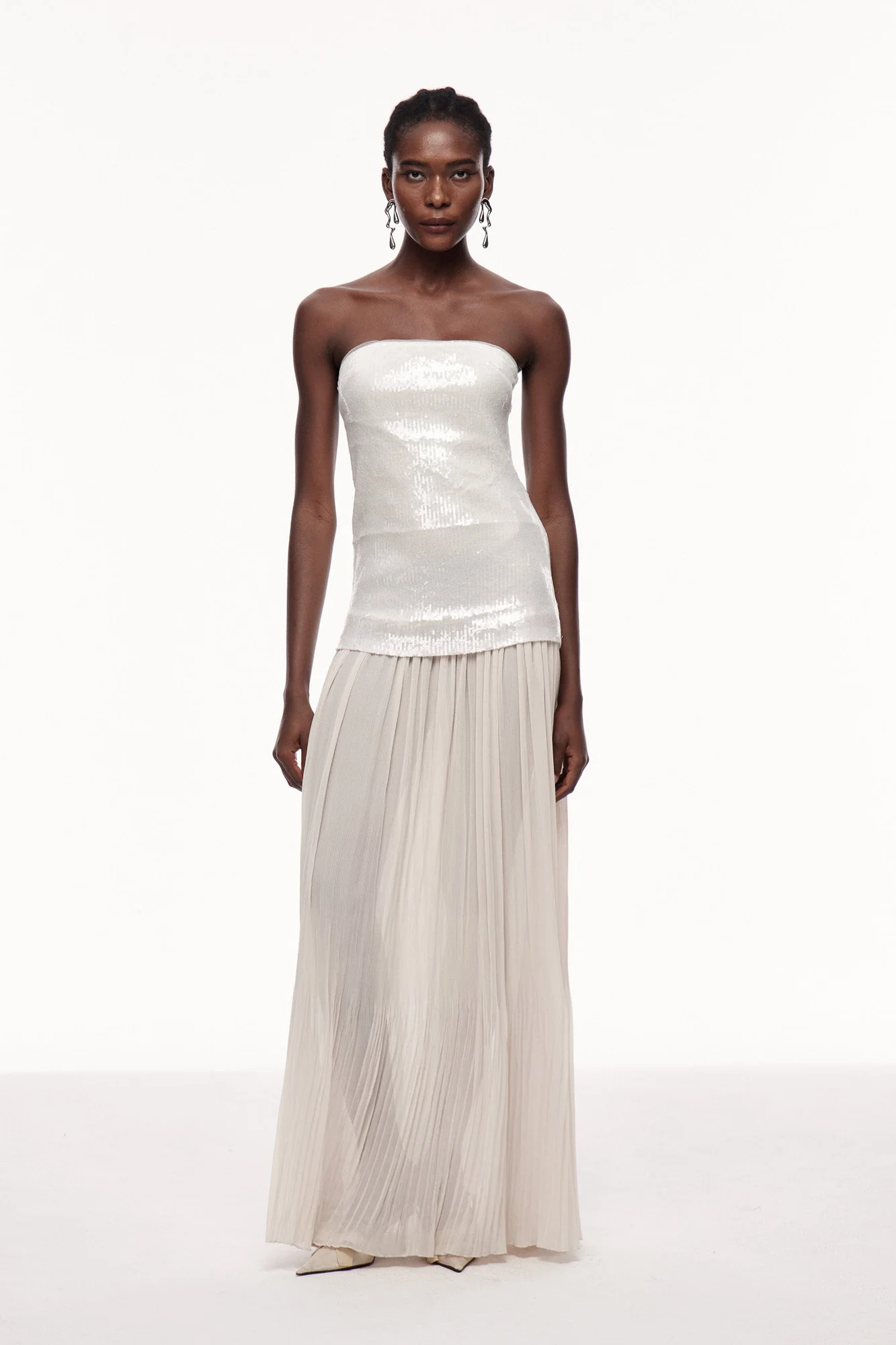 Elegant Silver Sequin Ruffle Maxi Dress