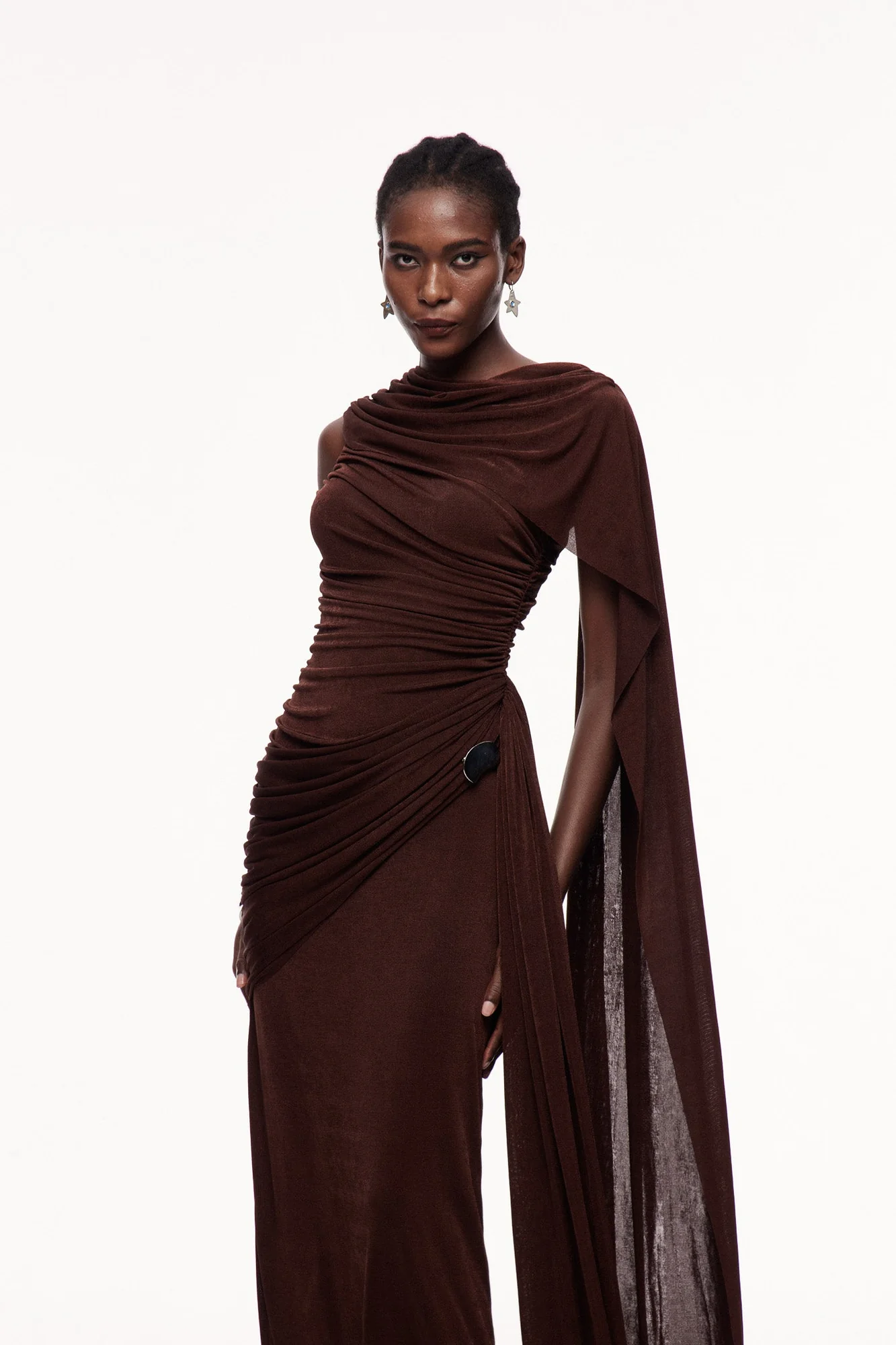 Brown Shawl Maxi Dress with Ruch Detail - Elegant & Versatile