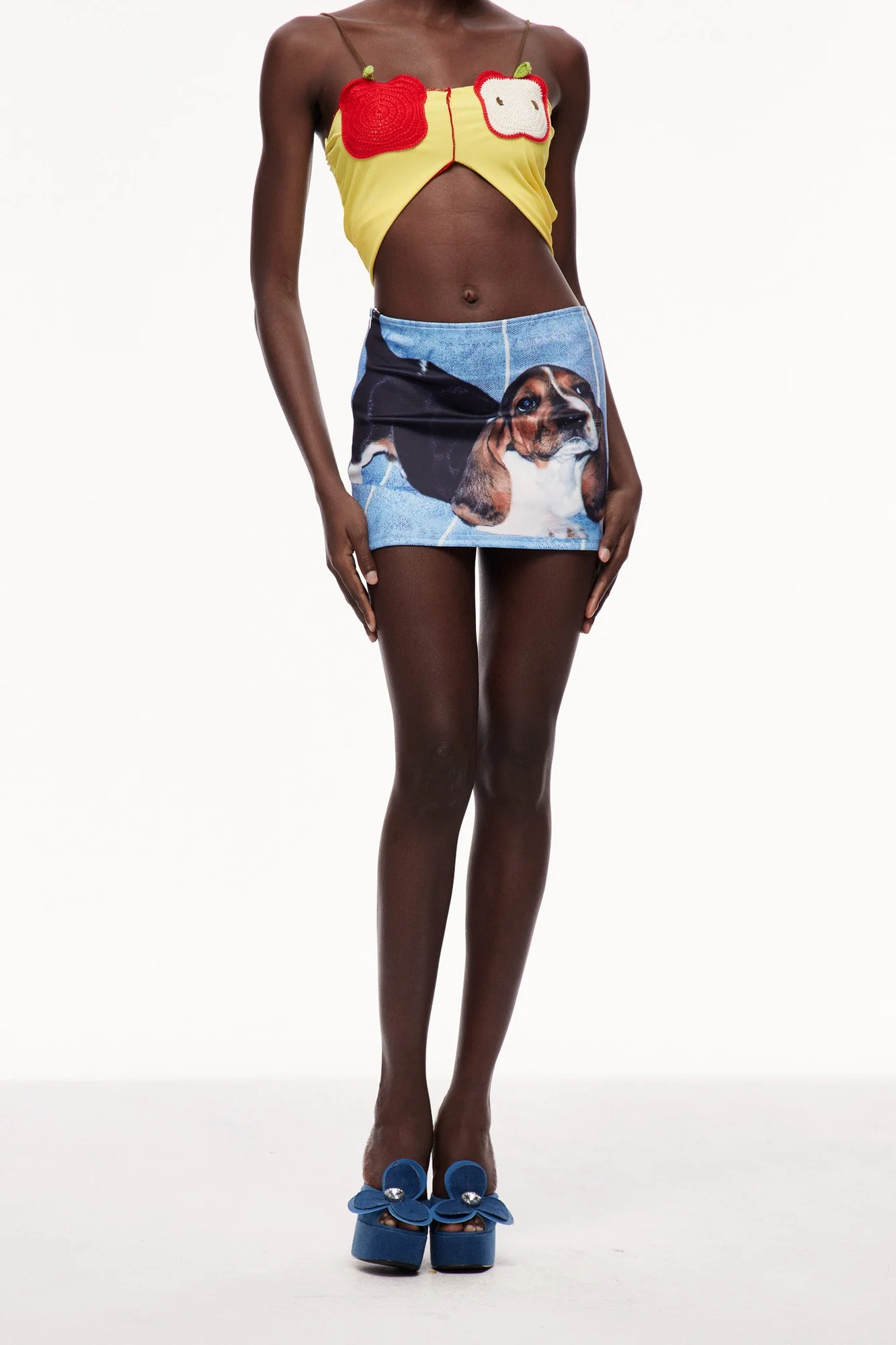 Blue Printed Denim Mini Skirt