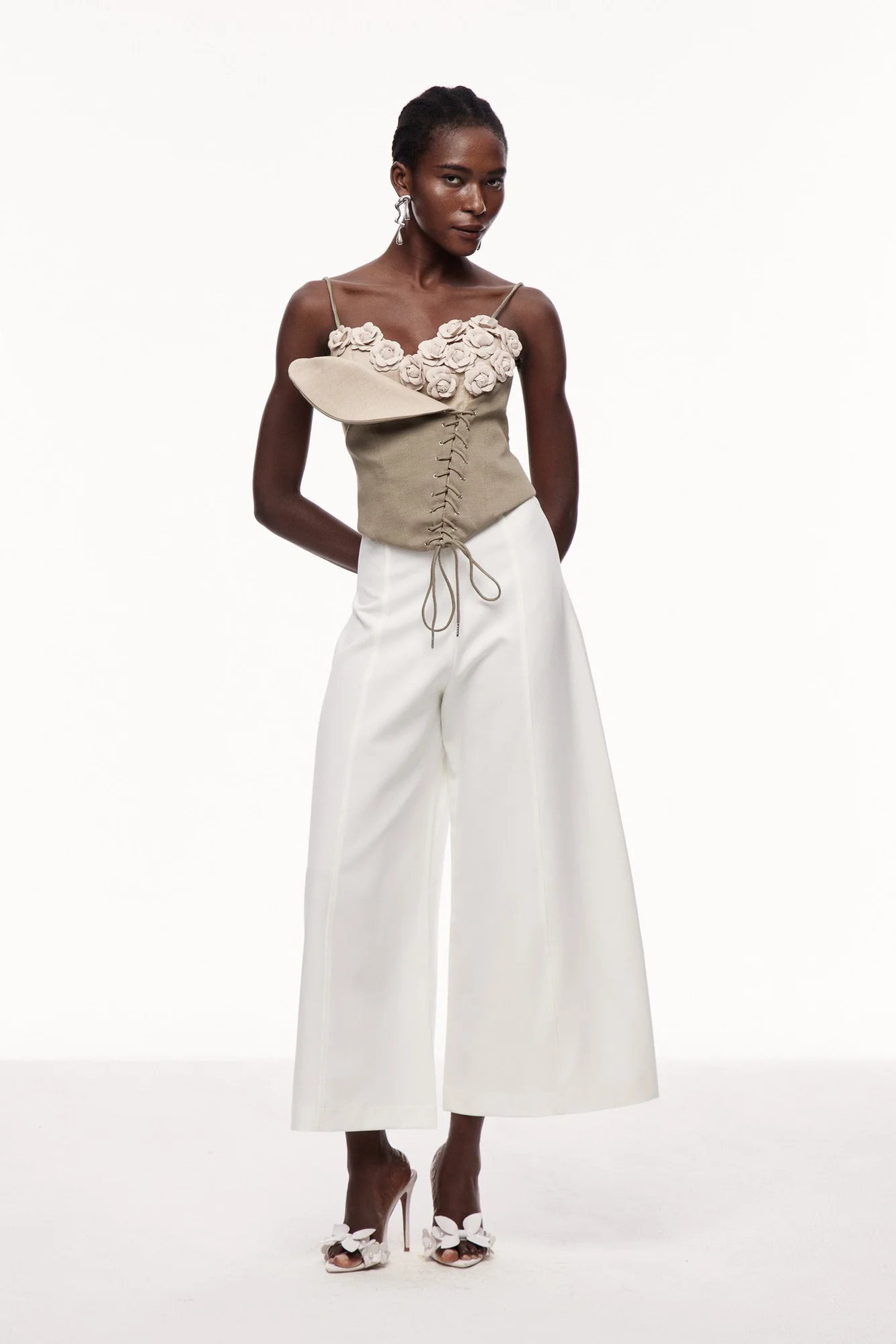 Khaki Asymmetric Floral Lace-Up Top