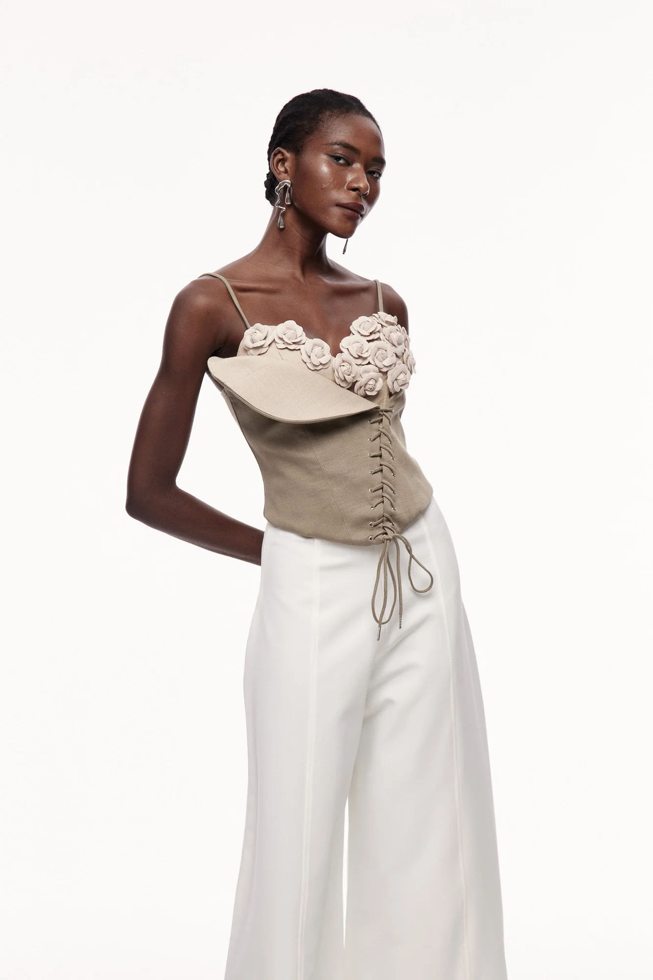 Khaki Asymmetric Floral Lace-Up Top