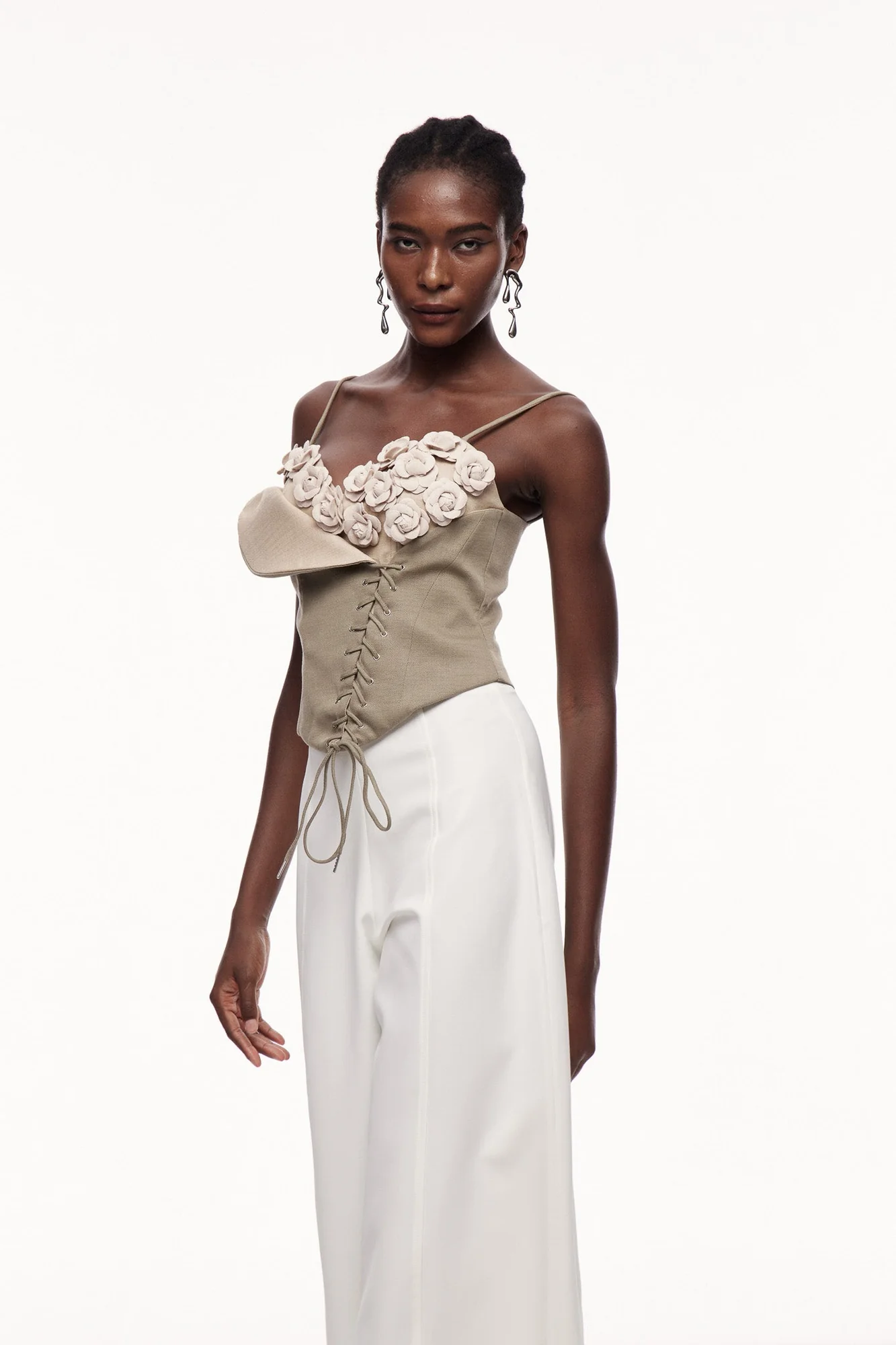 Khaki Asymmetric Floral Lace-Up Top