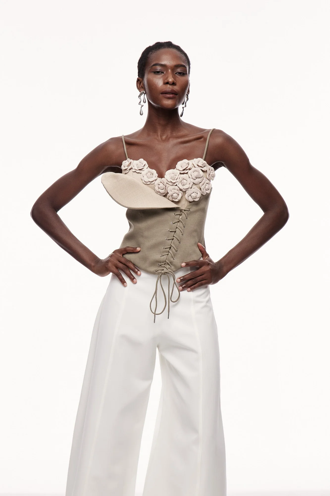 Khaki Asymmetric Floral Lace-Up Top