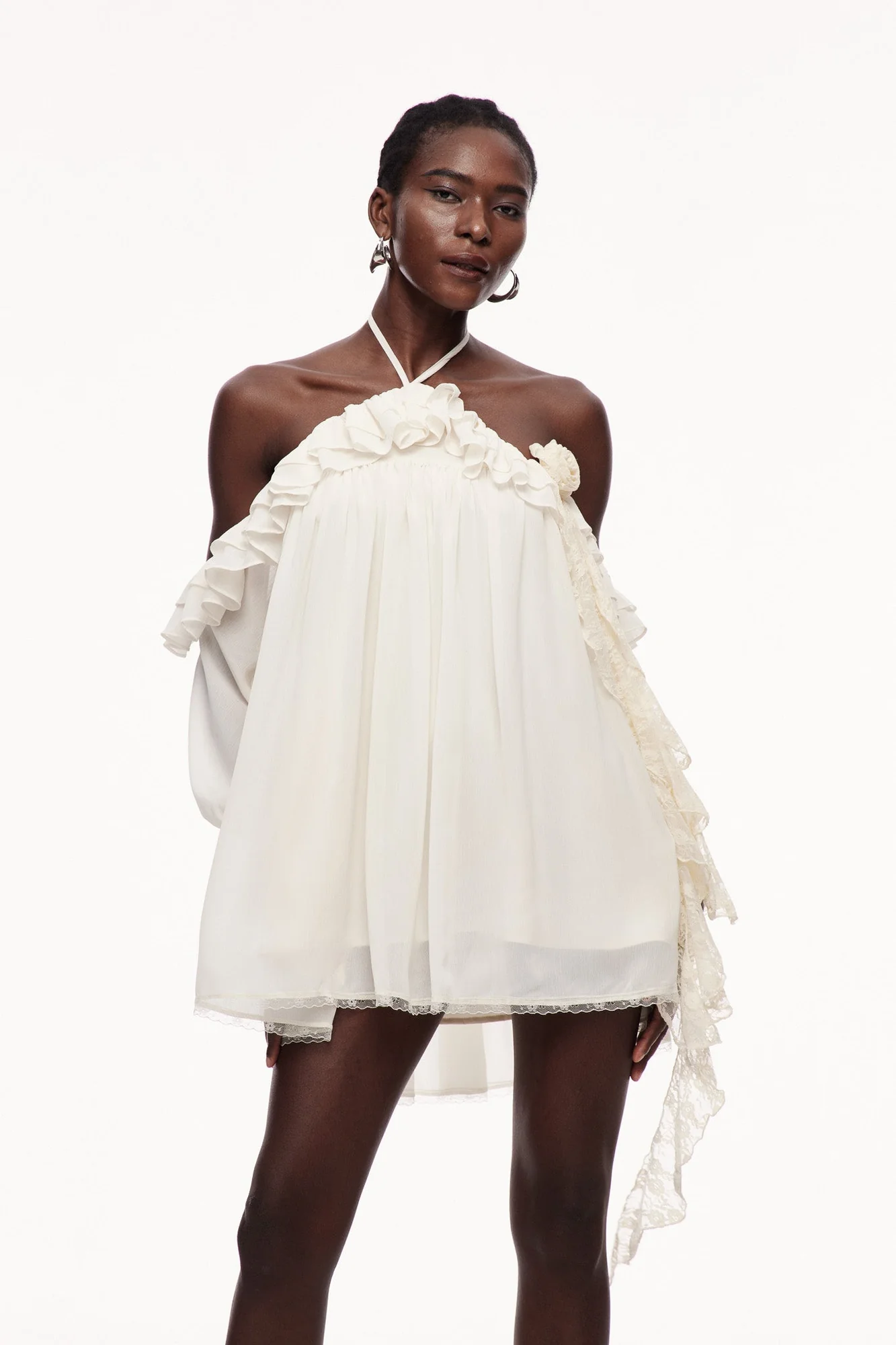 White Floral Ruffle Fringe Mini Dress