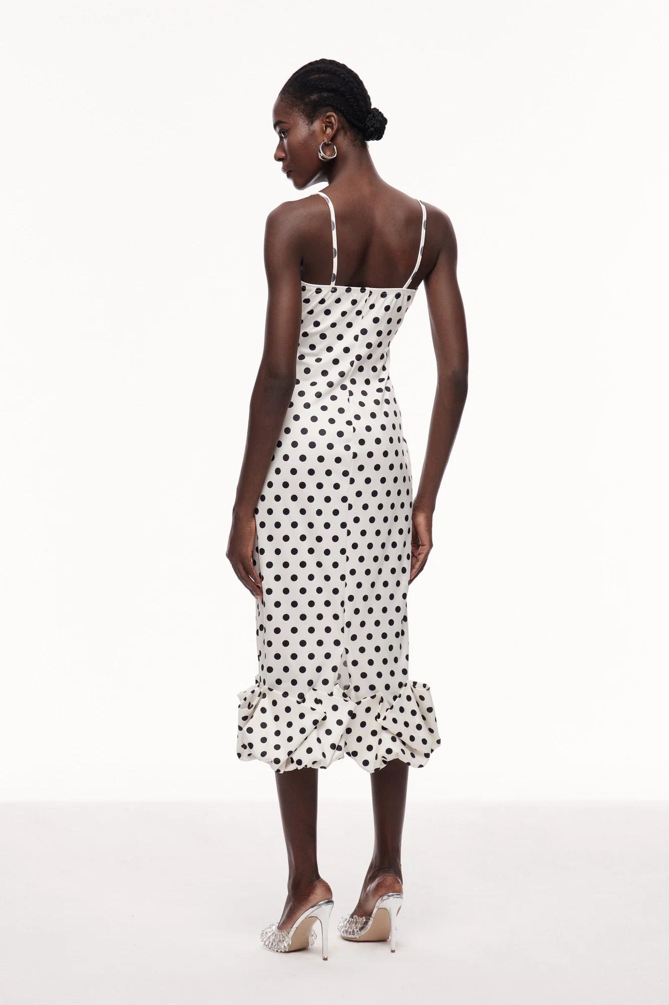 White Dot Ruffle Maxi Dress - Elegant Bodycon Style