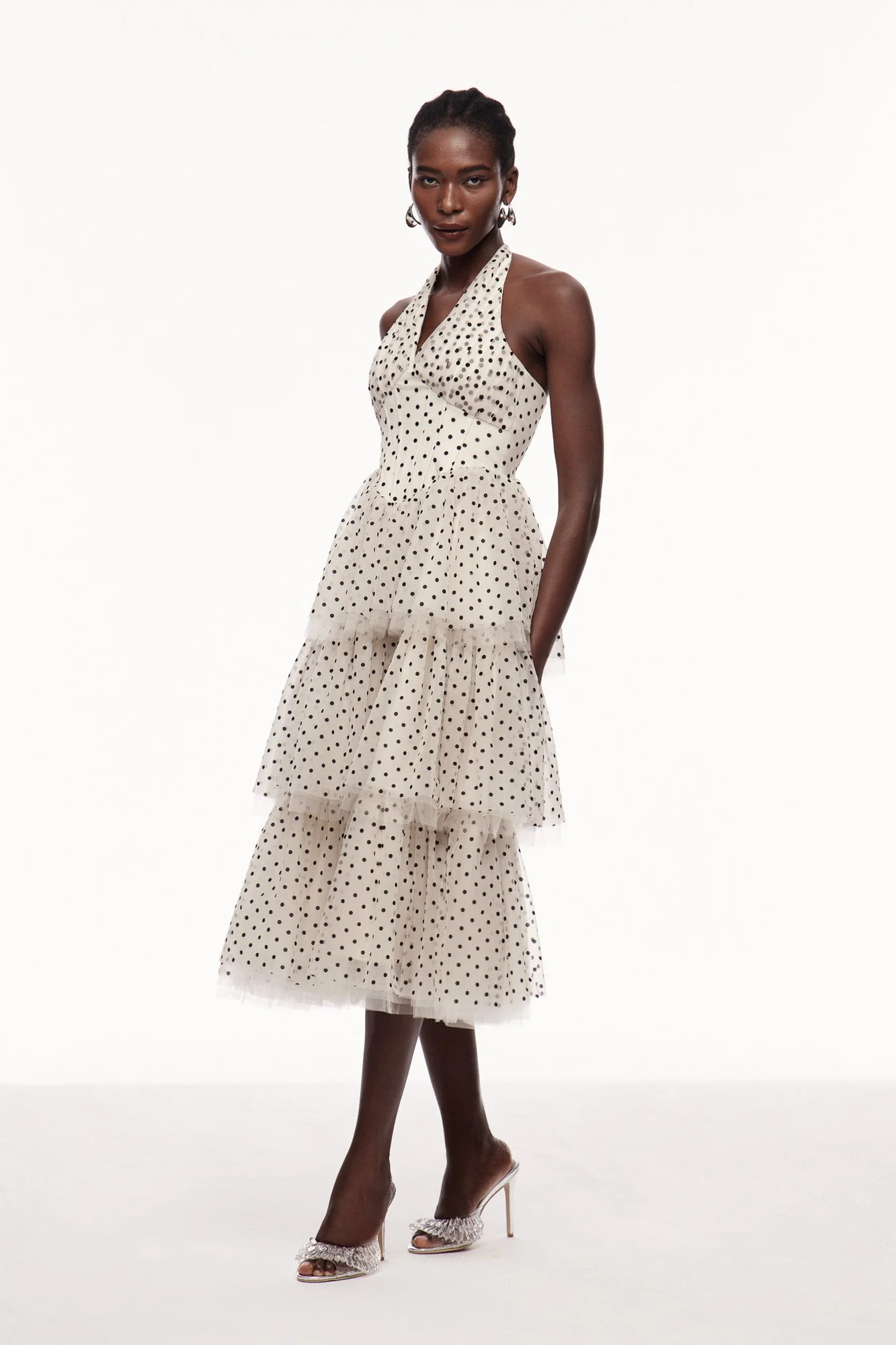 Chic Dot Mesh Halter Neck Maxi Dress in Apricot