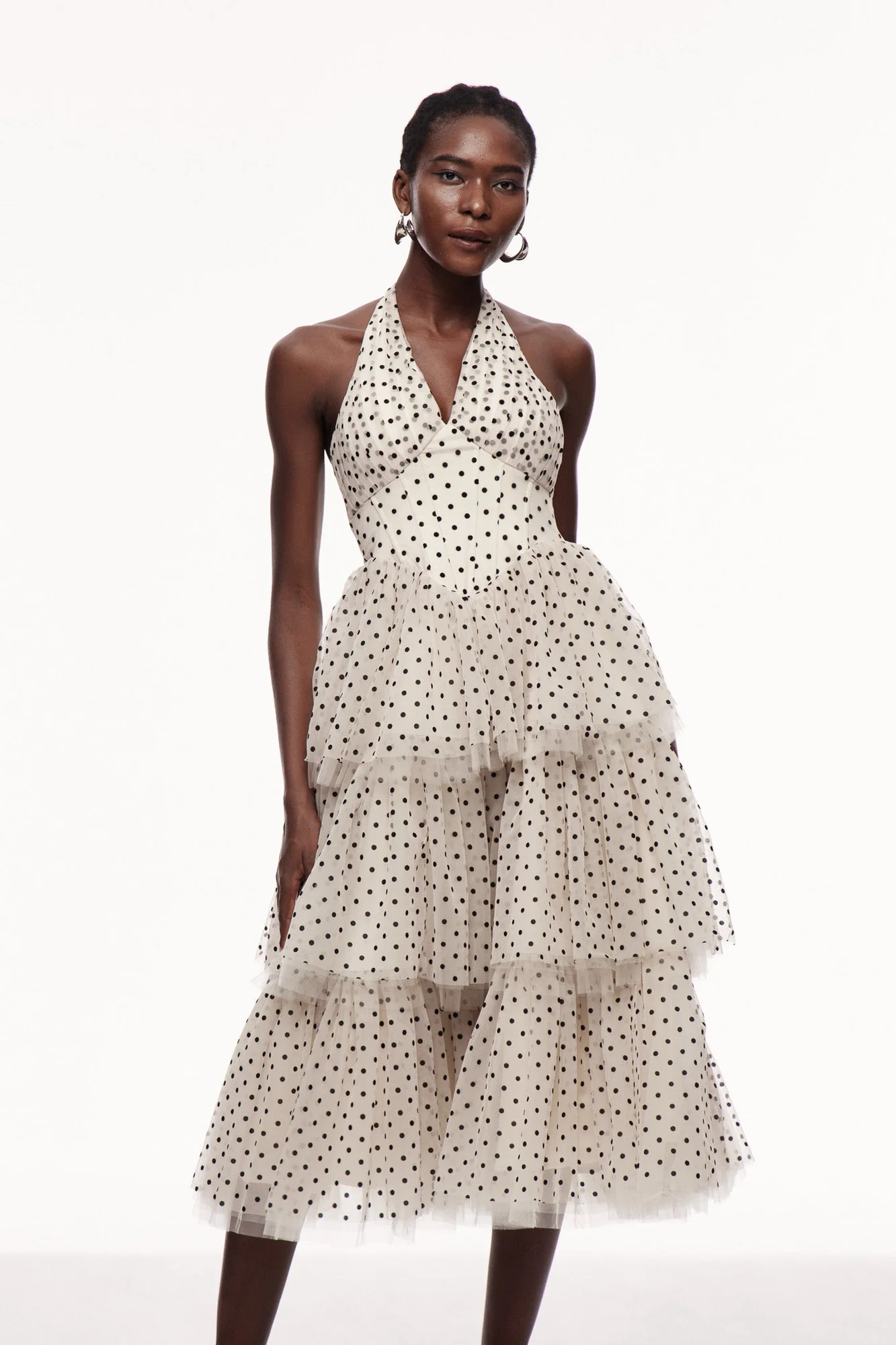 Chic Dot Mesh Halter Neck Maxi Dress in Apricot